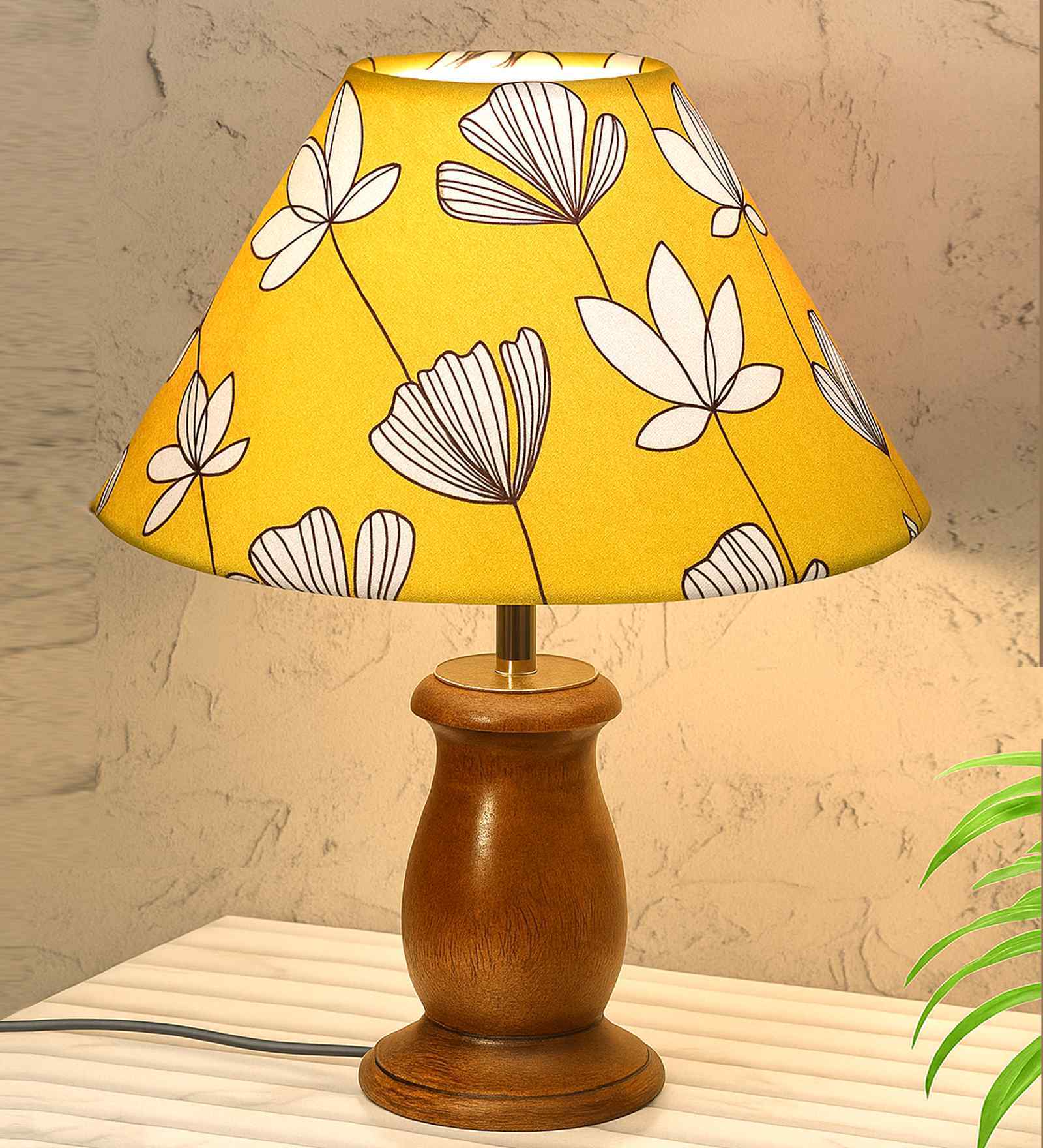 Mid Century Single Table Lamp with Walnut Finish and Hibiscus Cone Shade