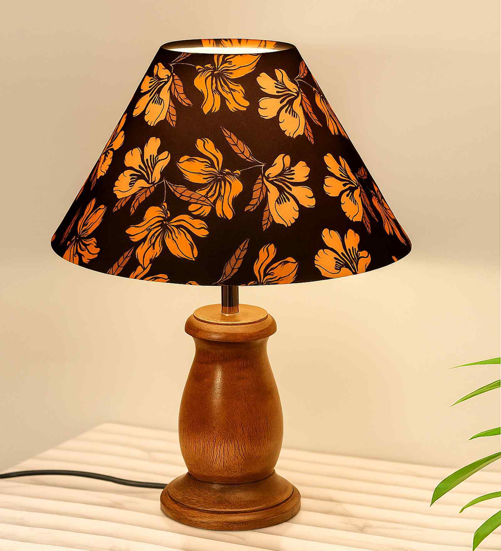 Mid Century Single Table Lamp with Walnut Finish and Iris Cone Shade