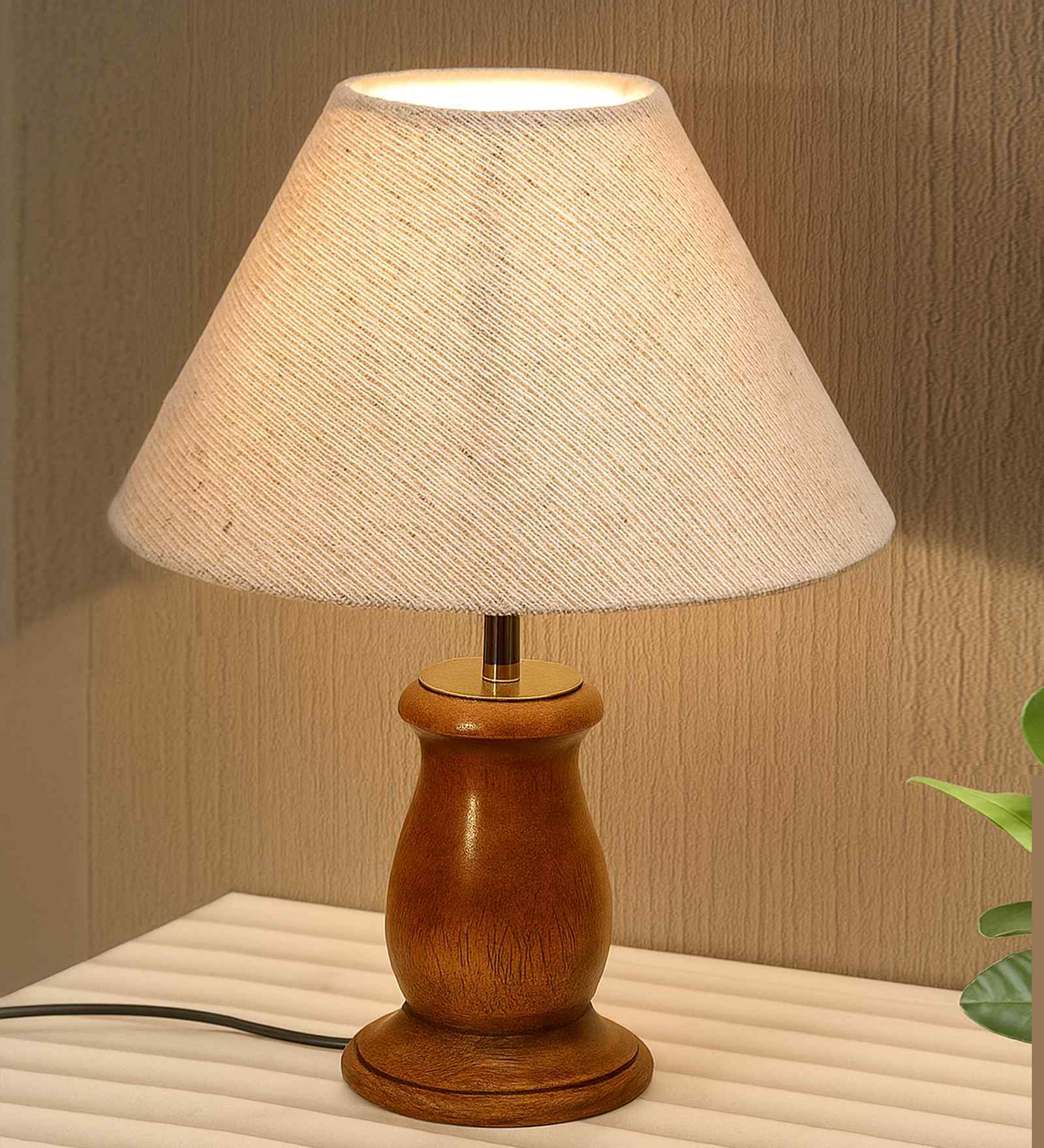 Mid Century Single Table Lamp with Walnut Finish and Jute Cone Shade