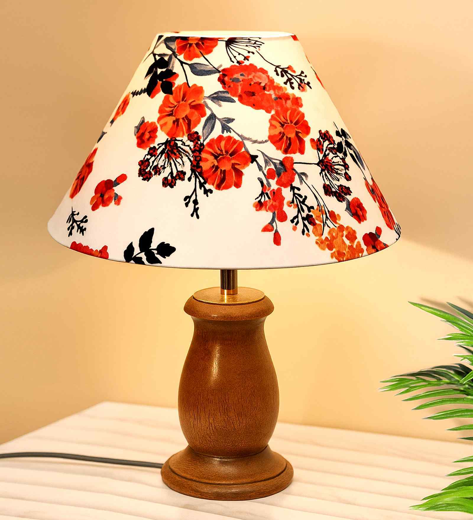 Mid Century Single Table Lamp with Walnut Finish and Marigold Cone Shade