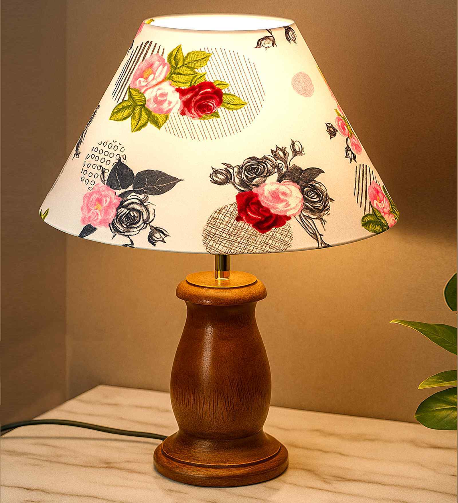 Mid Century Single Table Lamp with Walnut Finish and Rose Cone Shade