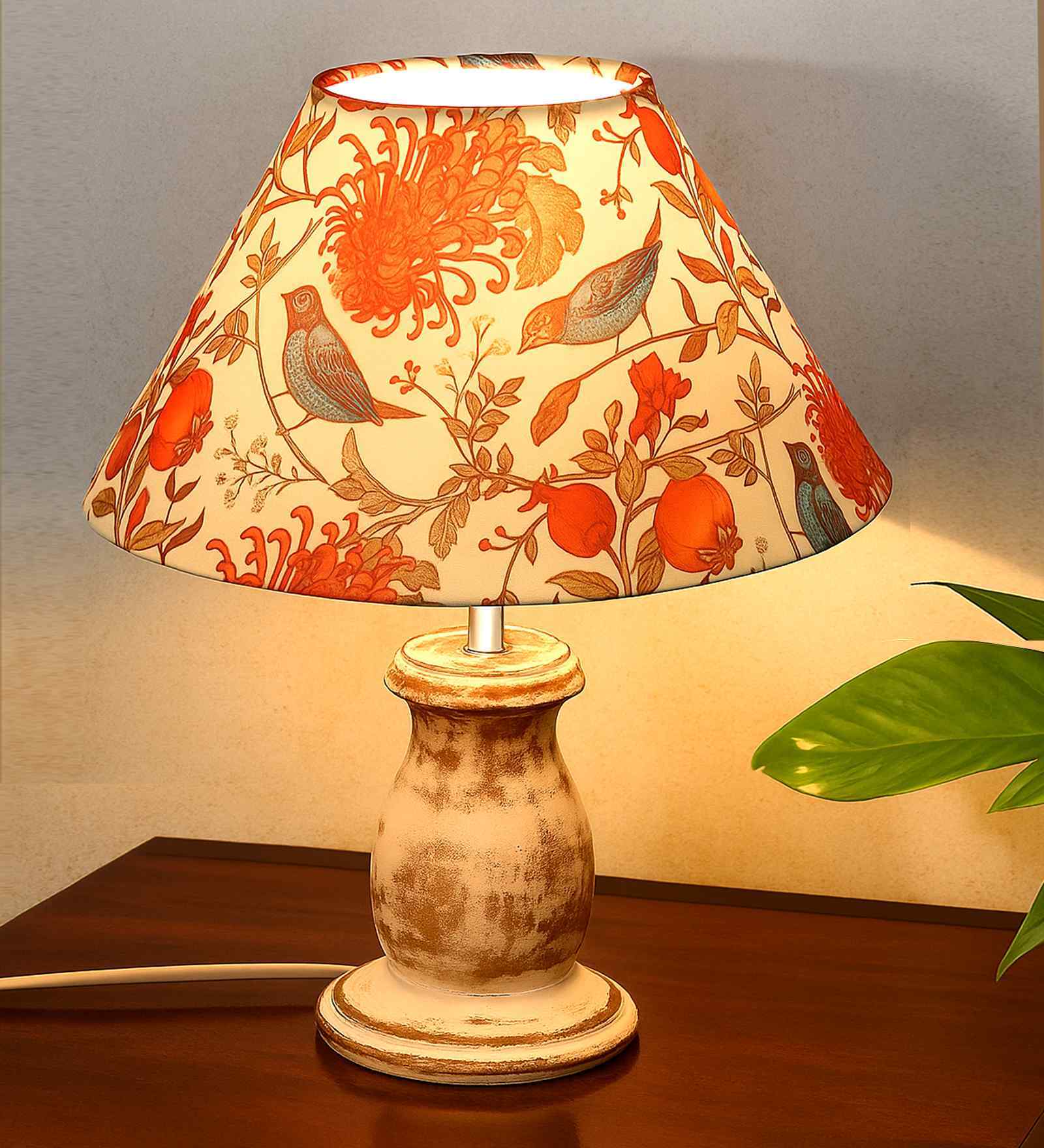 Mid Century Single Table Lamp with Whitewash Finish and Birds Cone Shade