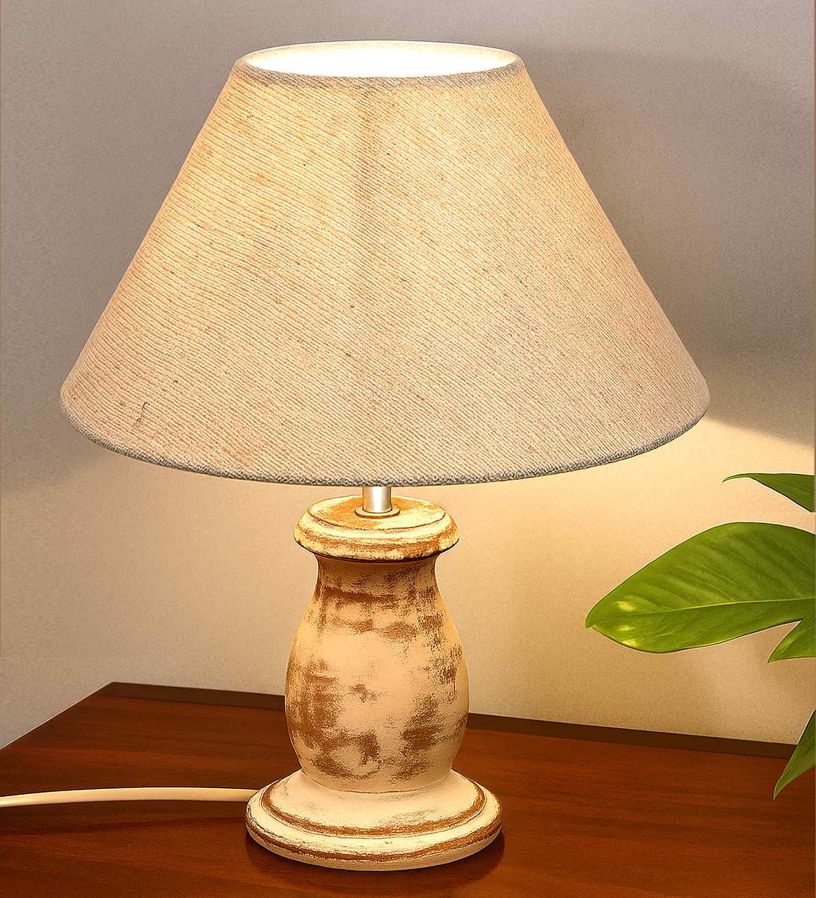 Mid Century Single Table Lamp with Whitewash Finish and Jute Cone Shade