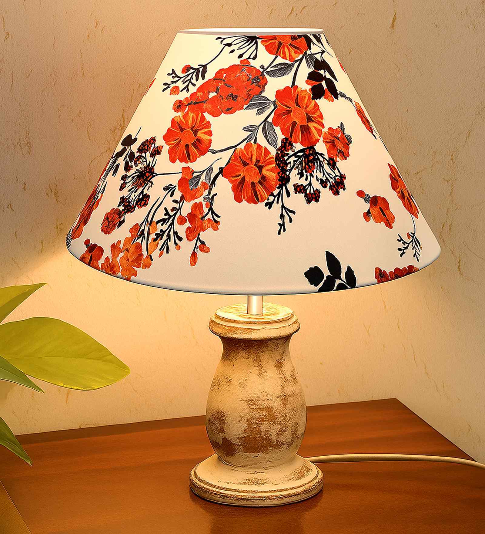 Mid Century Single Table Lamp with Whitewash Finish and Marigold Cone Shade