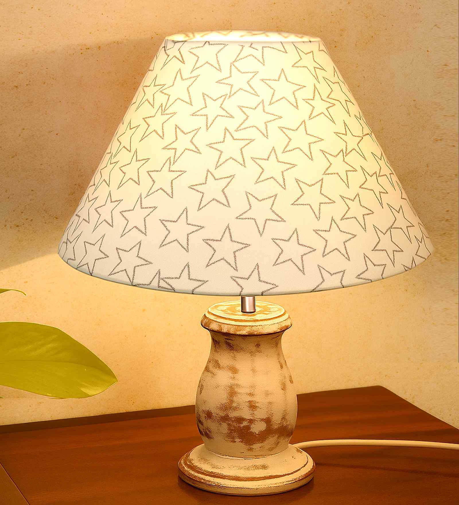 Mid Century Single Table Lamp with Whitewash Finish and Star Cone Shade