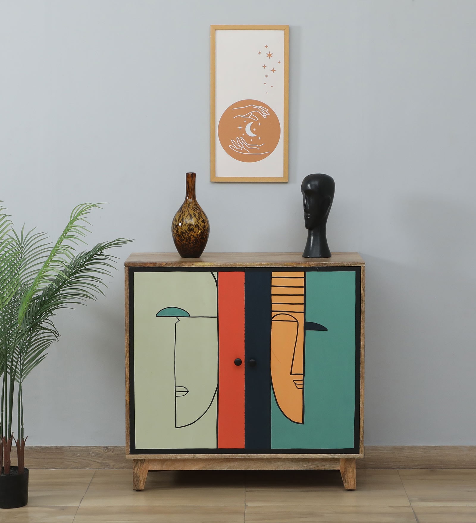 Midas Mango Wood Hand Painted Multicolor 2 Door Wide Cabinet In Natural Finish