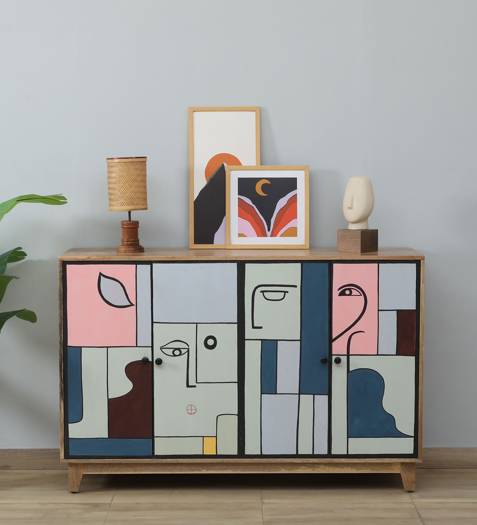 Midas Mango Wood Hand Painted Multicolor 4 Door Sideboard In Natural Finish