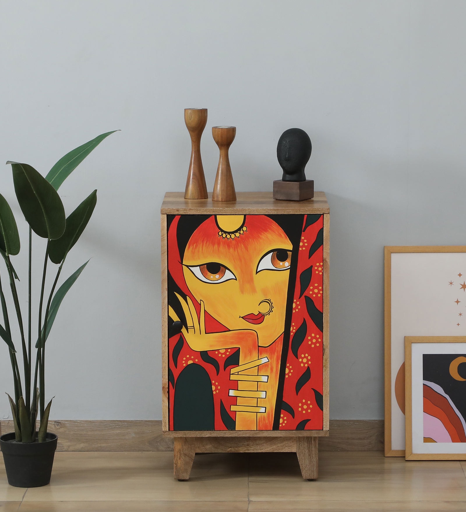 Midas Mango Wood Hand Painted Multicolor One Door Cabinet In Natural Finish