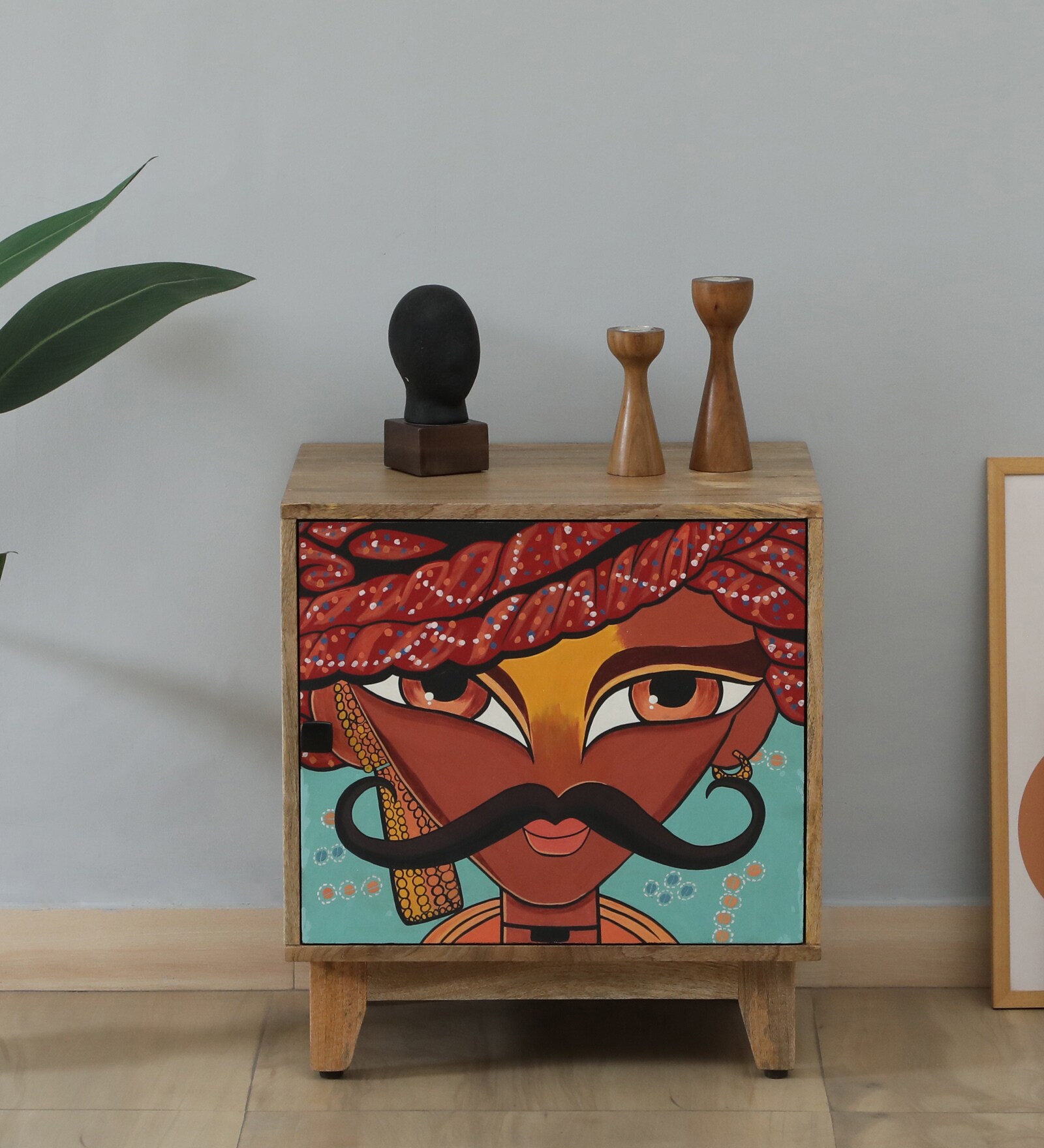 Midas Mango Wood Hand Painted Multicolour One Door Small Cabinet In Natural Finish