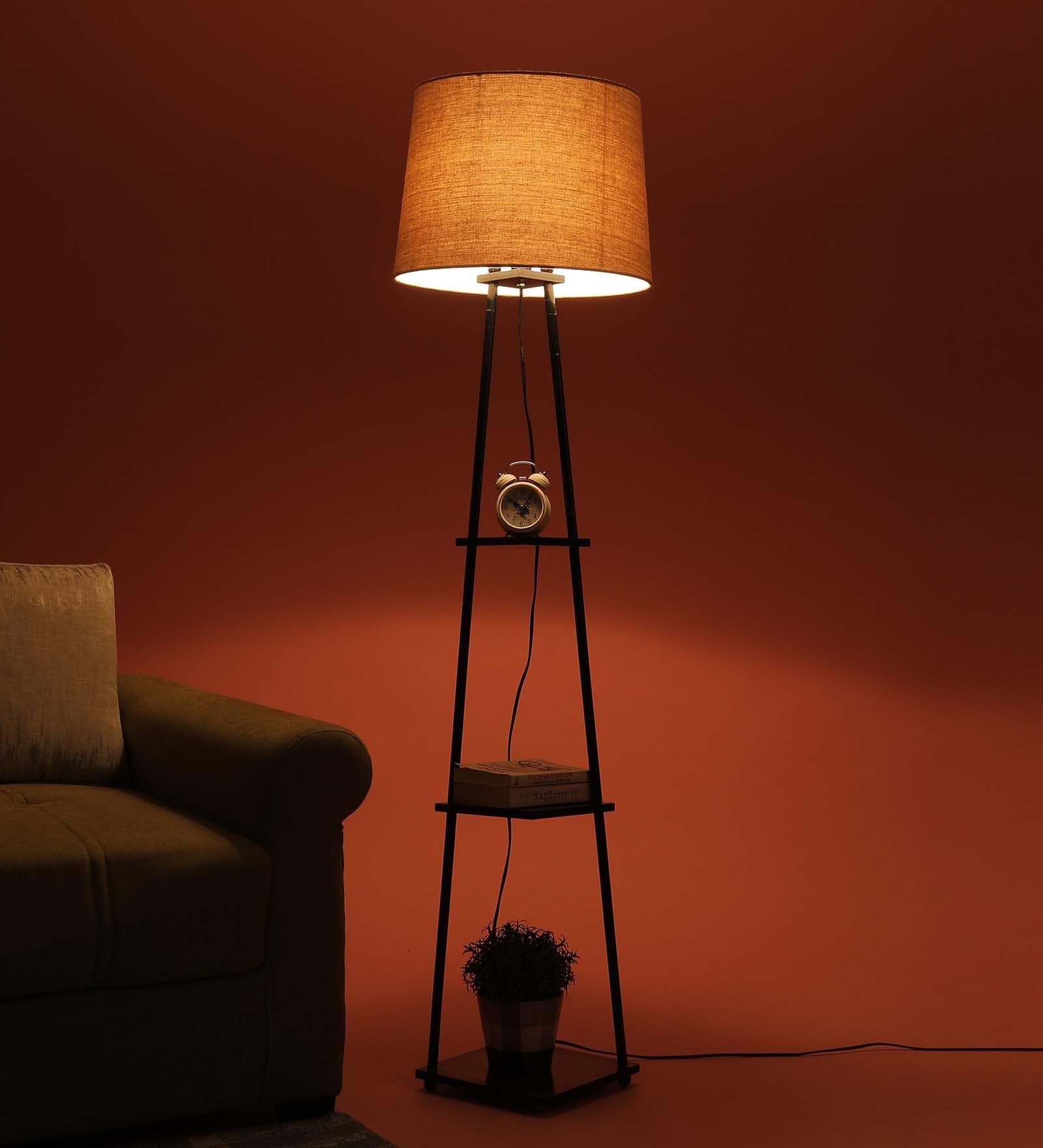 Midewest 3 Tier Beige Cotton Shade Floor Lamp With Black & Walnut Color Shelf Base