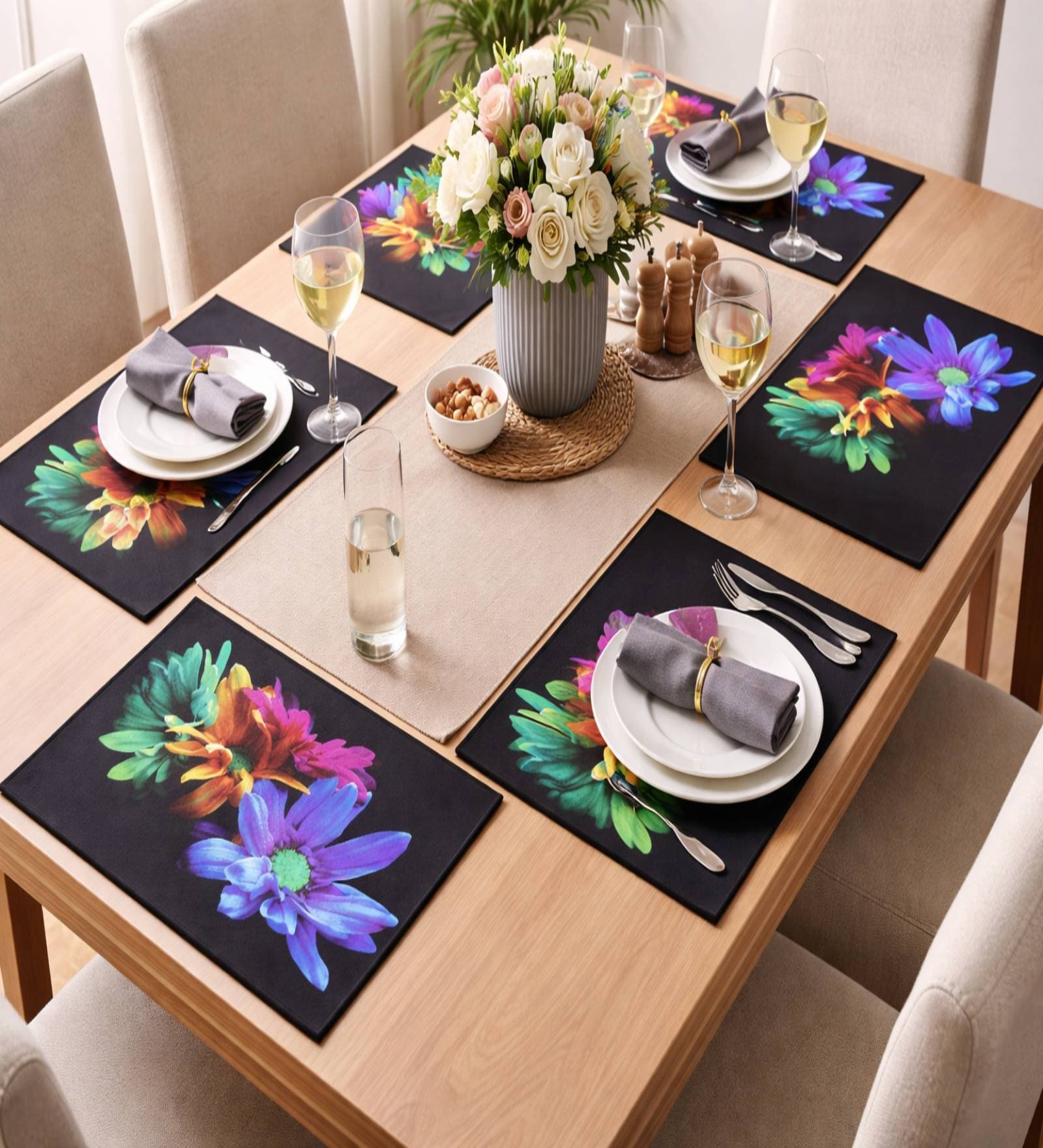 Set of 6 Black Base Midnight Bloom Floral Placemats