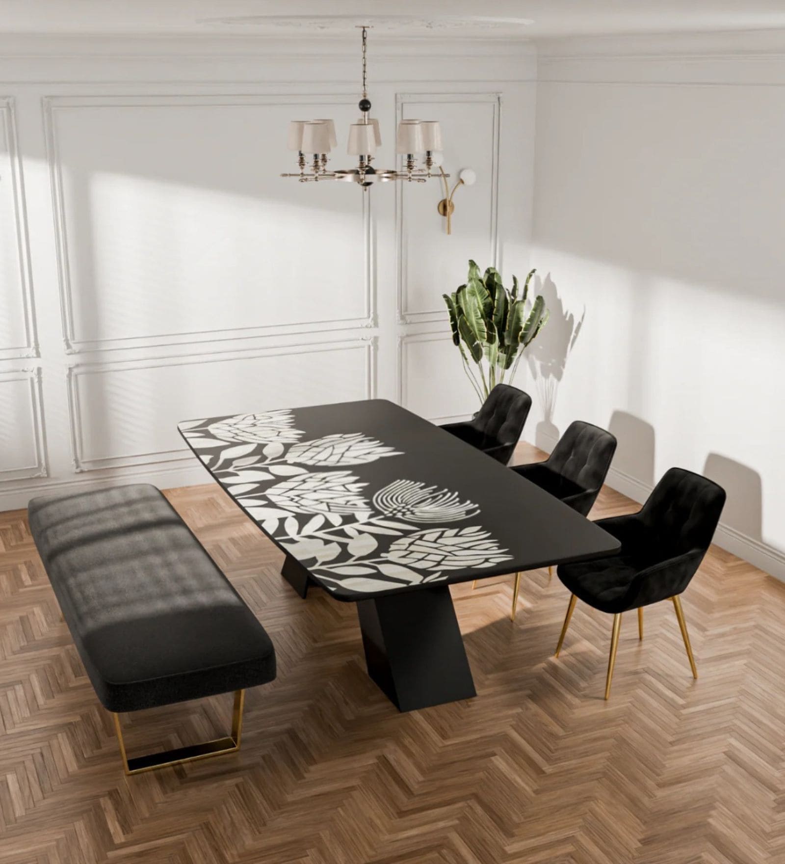 Midnight Blossom 6 Seater Bone Inlay Finish Dining Table 