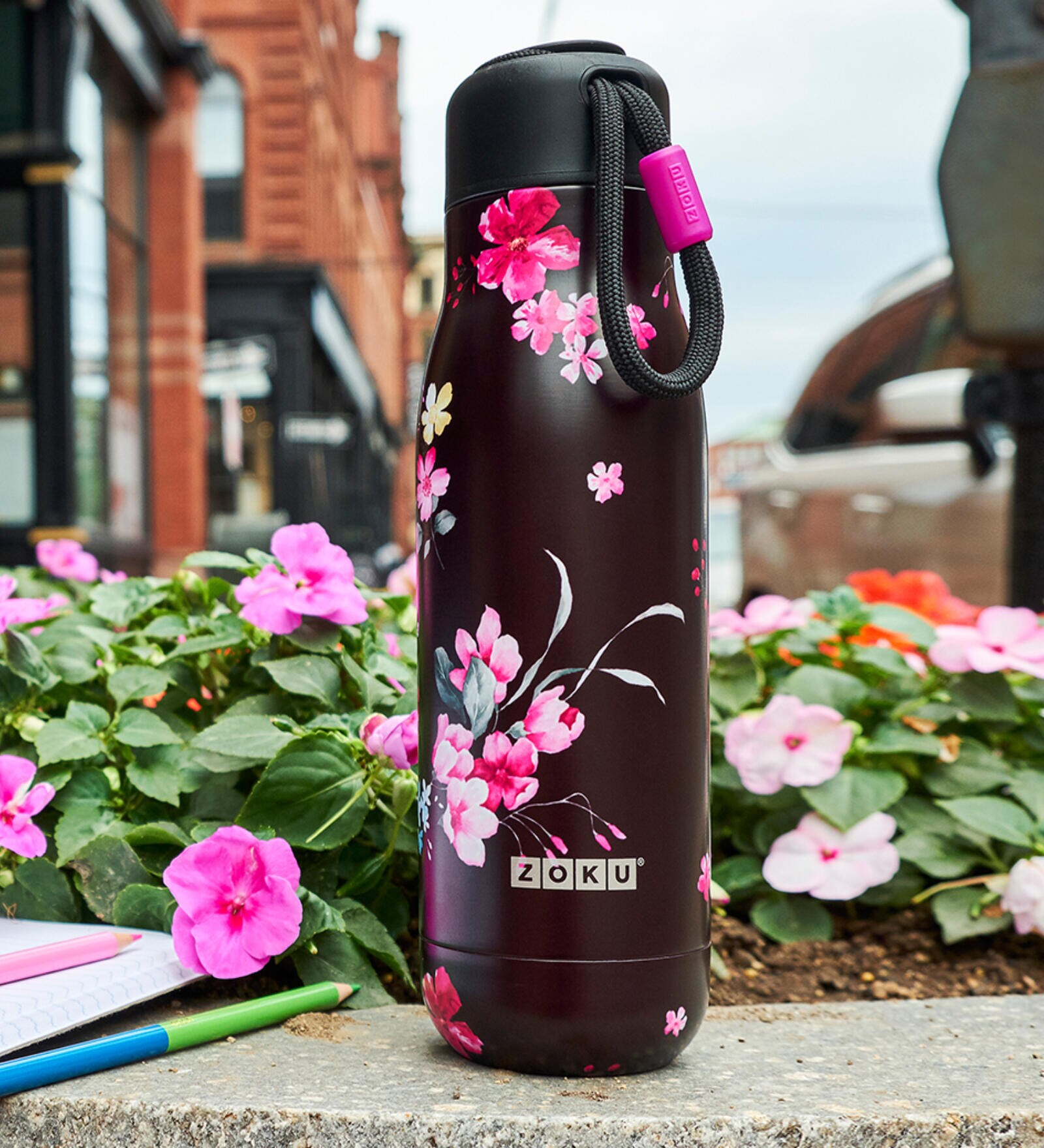 Midnight Floral 500ml Black & Pink Stainless Steel Bottle