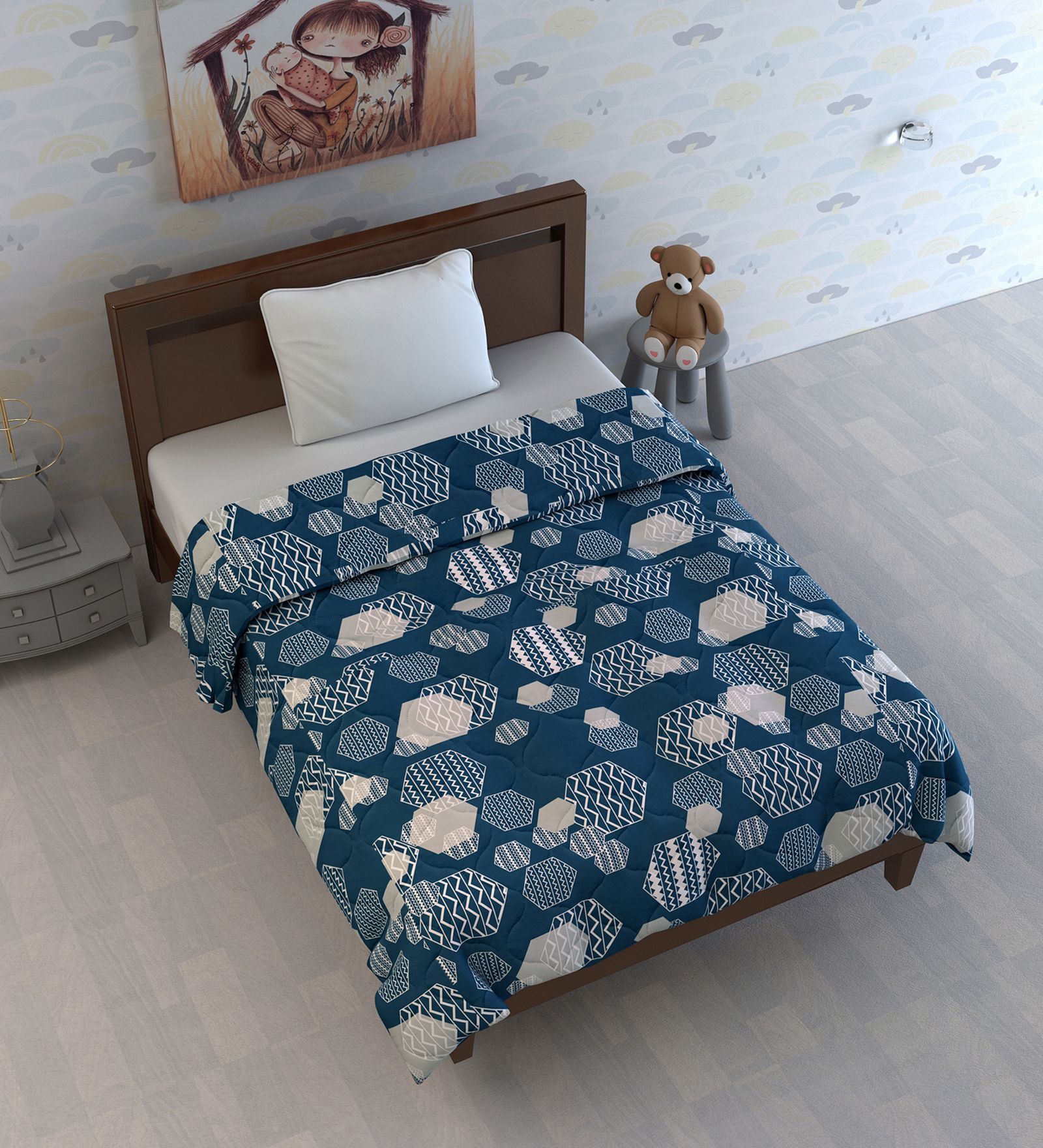 Midnight Grey Microfiber Geometric 120 Gsm Single Kids Comforter