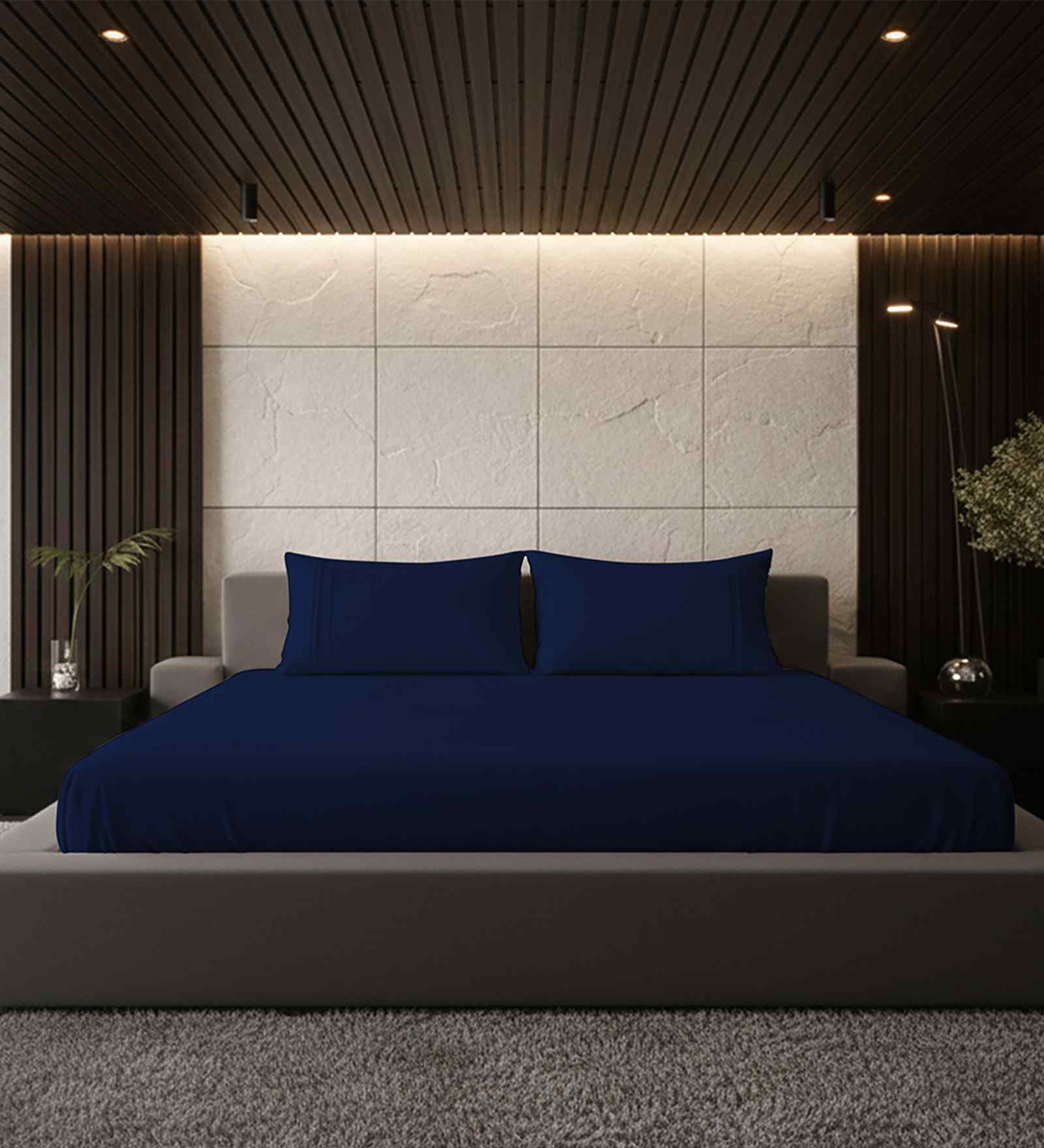 Midnight Navy Solid 500 TC Pure Cotton King Fitted Bedsheet with 2 Pillow Covers
