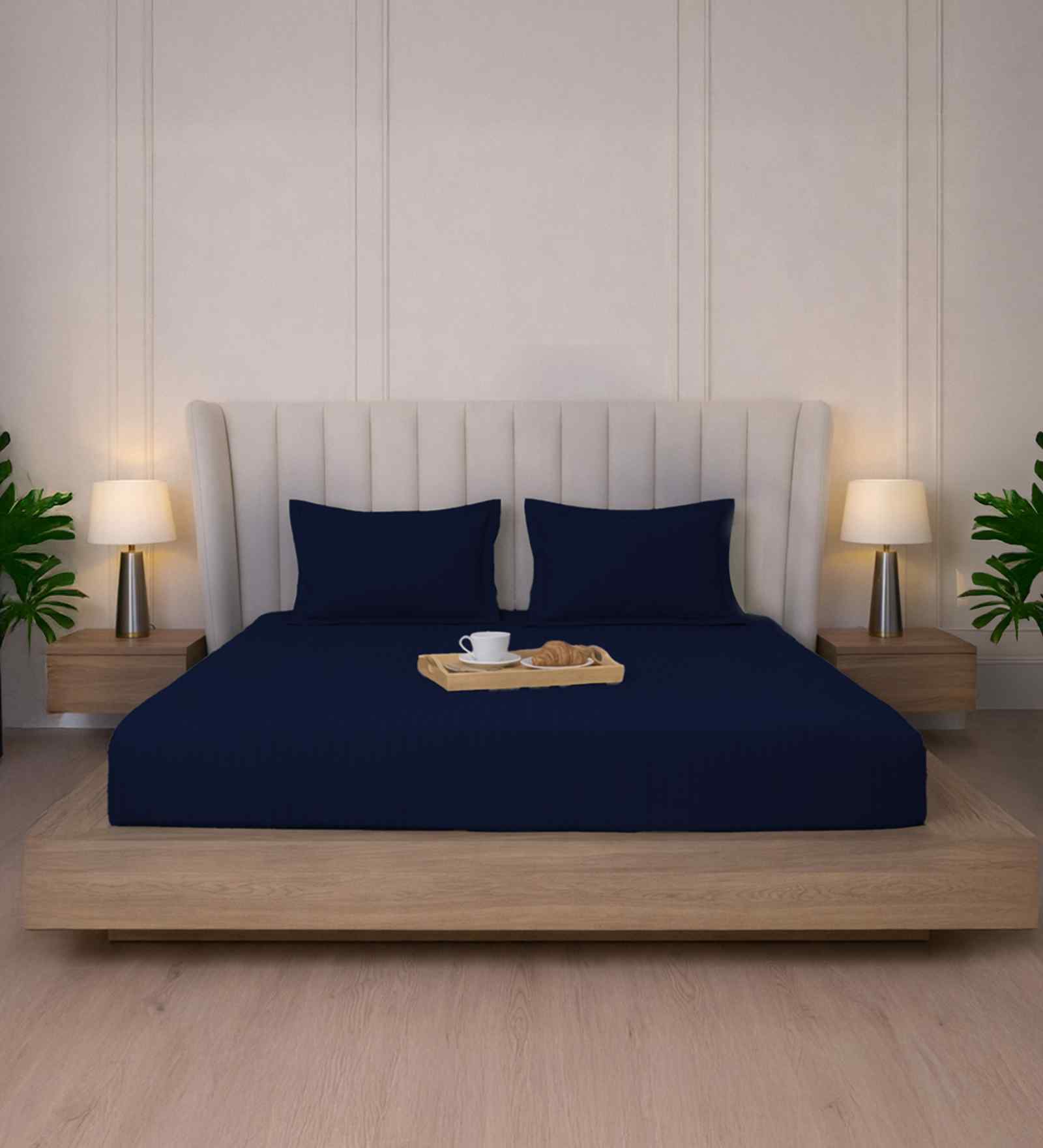 Midnight Navy Stripe 300 TC Pure Cotton King Fitted Bedsheet with 2 Pillow Covers