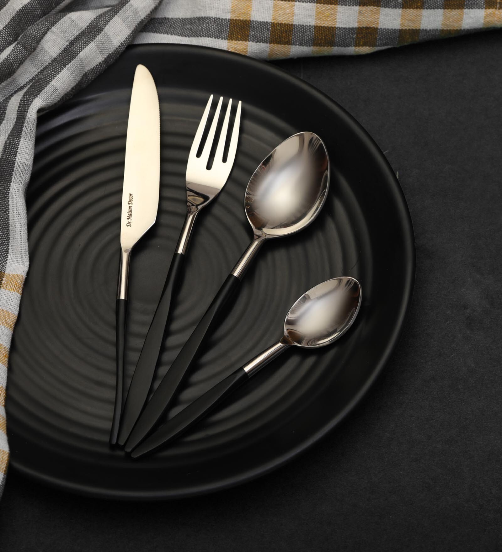 Midnight Opulence Black & Gold  Stainless Steel (Set of 16) Cutlery  Set