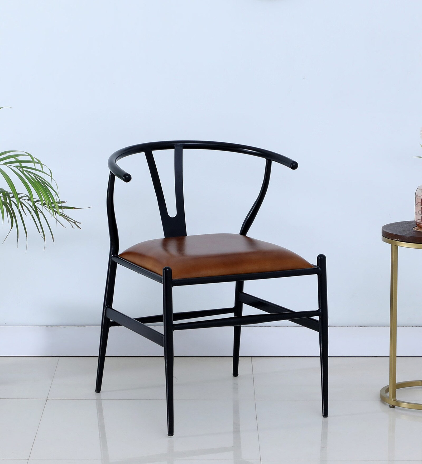 Migos Metallic Dining Chair in Black Finish with Tan Leather