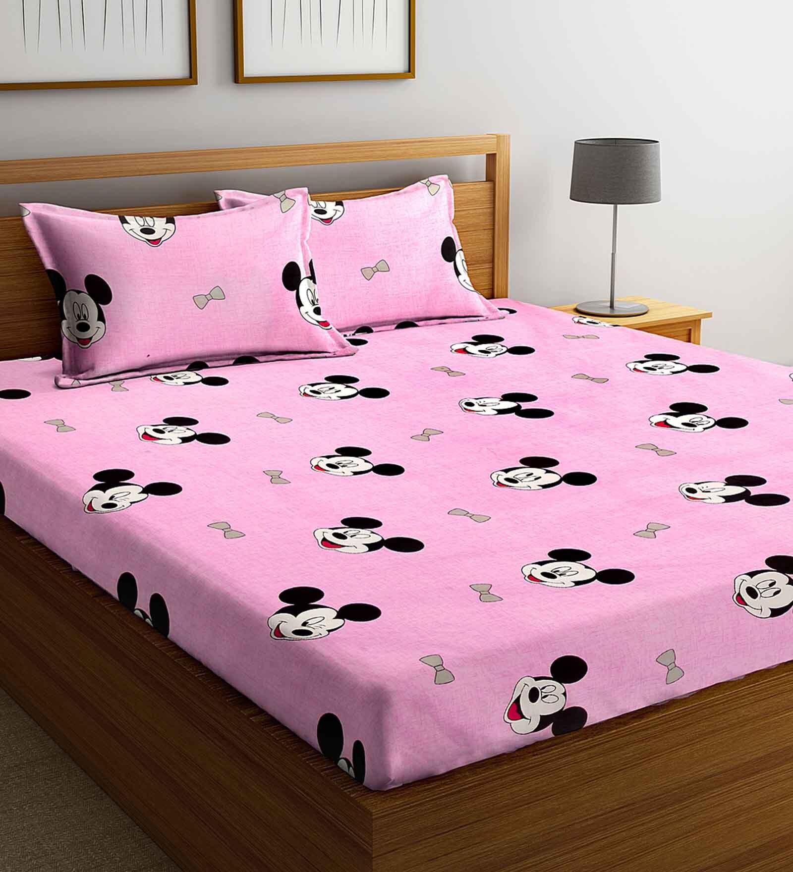 Mikey Mouse Themed Double Bedsheet with 2 Pillow Covers in Pink Colour