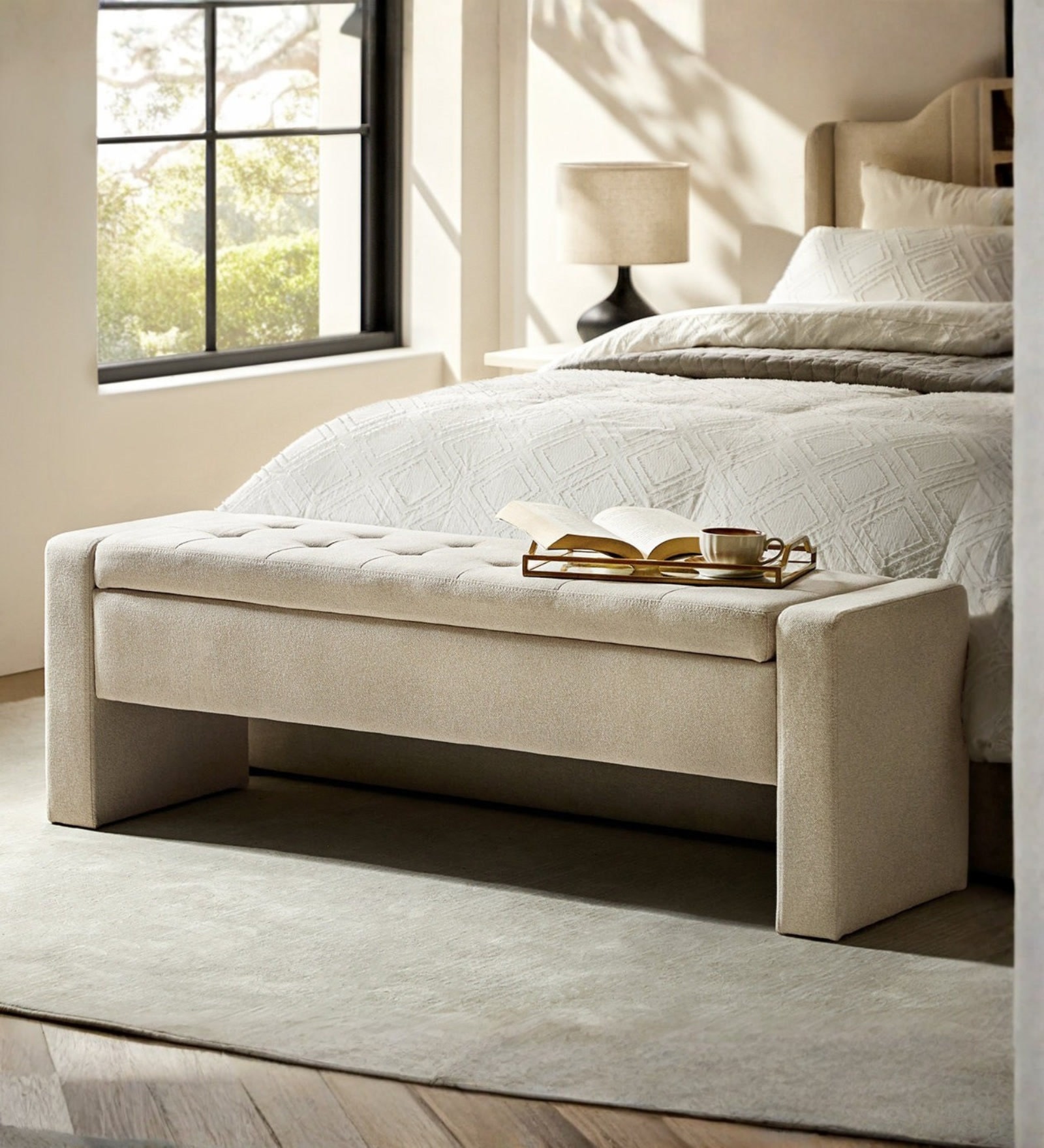 Milan Fabric Signature Storage Ottoman Ottoman in Beige Colour Milan Fabric Signature Storage Ottoman Ottoman in Beige Colour