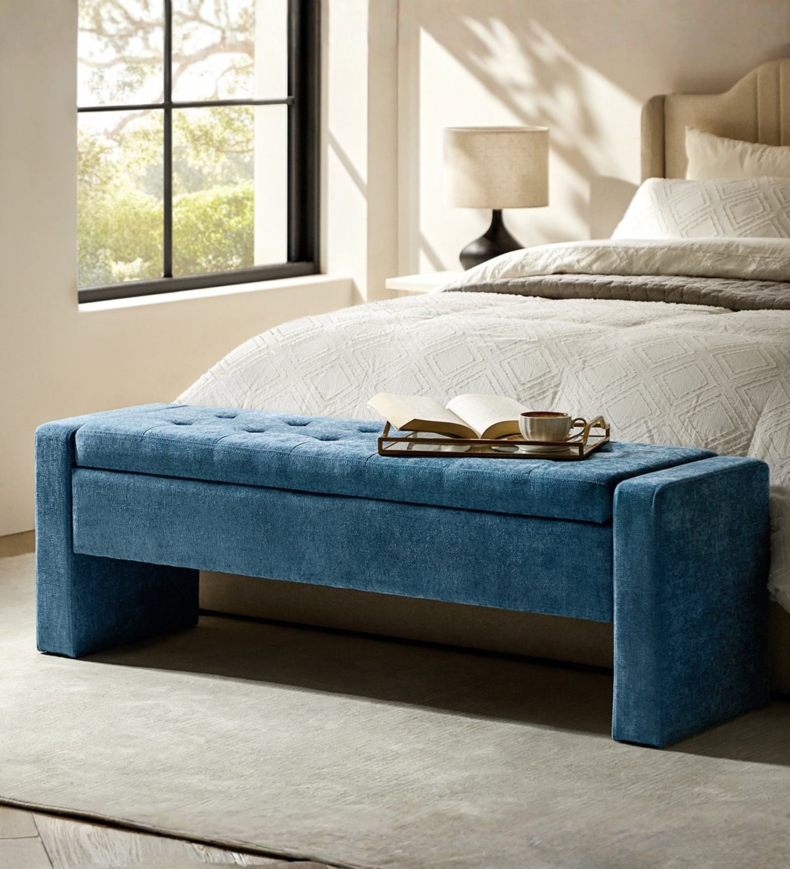 Milan Fabric Signature Storage Ottoman Ottoman in Blue Colour Milan Fabric Signature Storage Ottoman Ottoman in Blue Colour