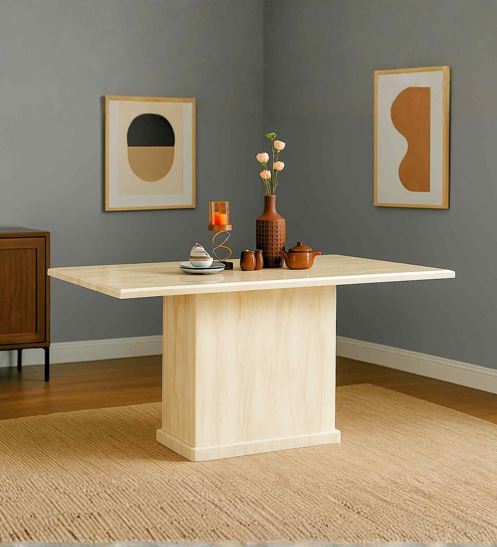 Milan Italian Marble Top 4 Seater Dining Table in Off White Finish