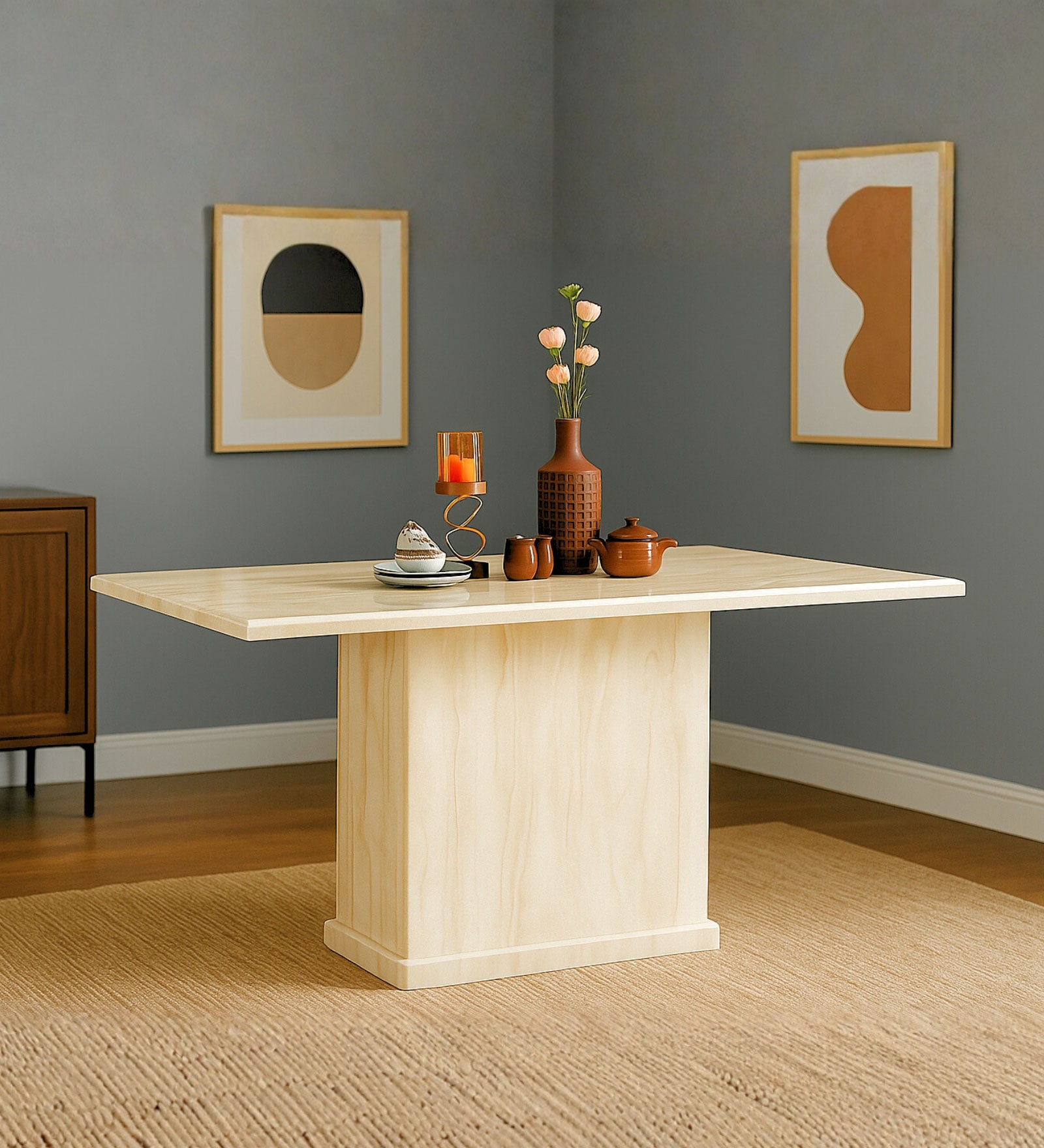 Milan Italian Marble Top 6 Seater Dining Table Six Seater In Off-White Finish