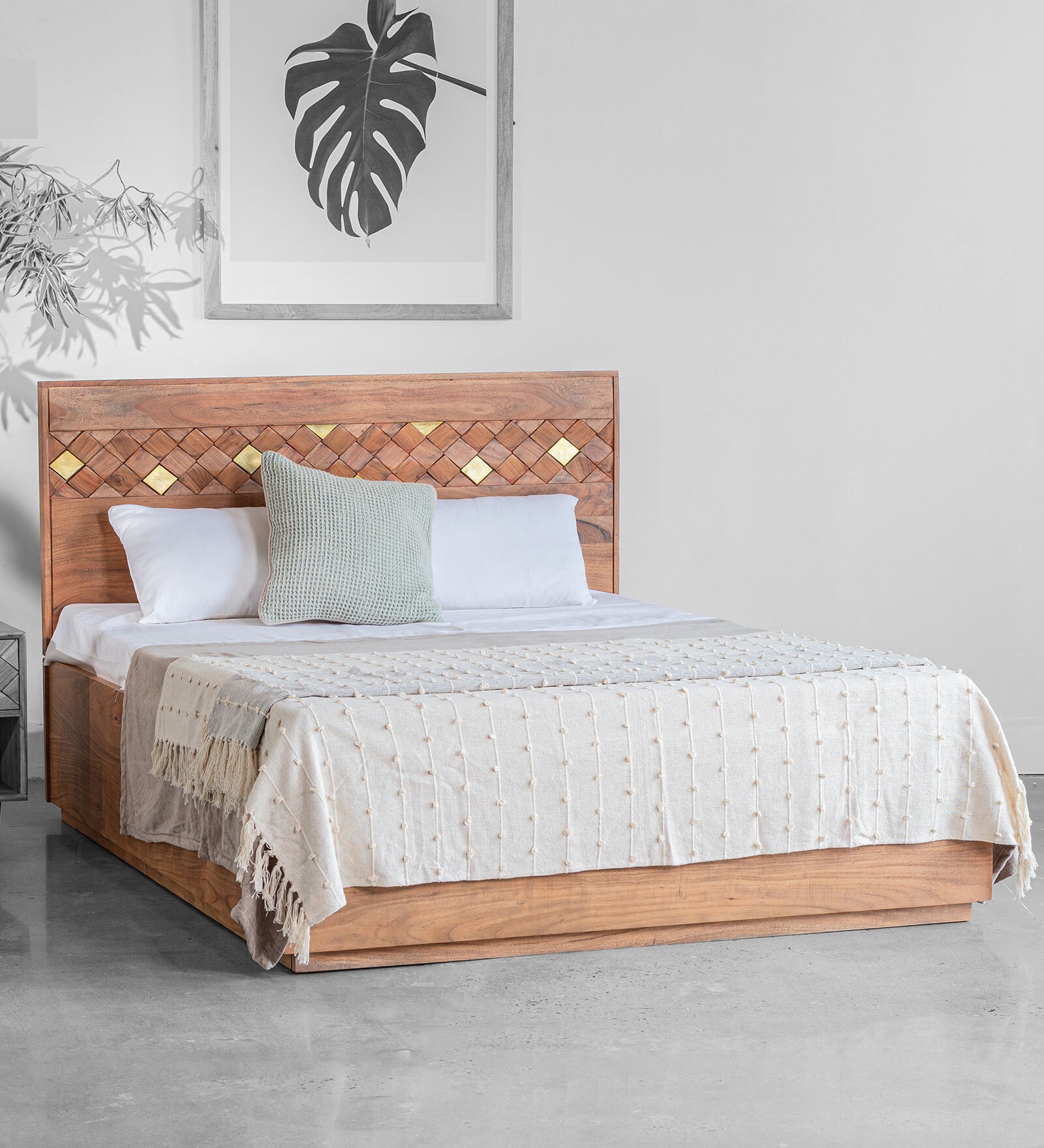 Milan Solid Wood Queen Size Bed in Natural Finish with Hydraulic Storage