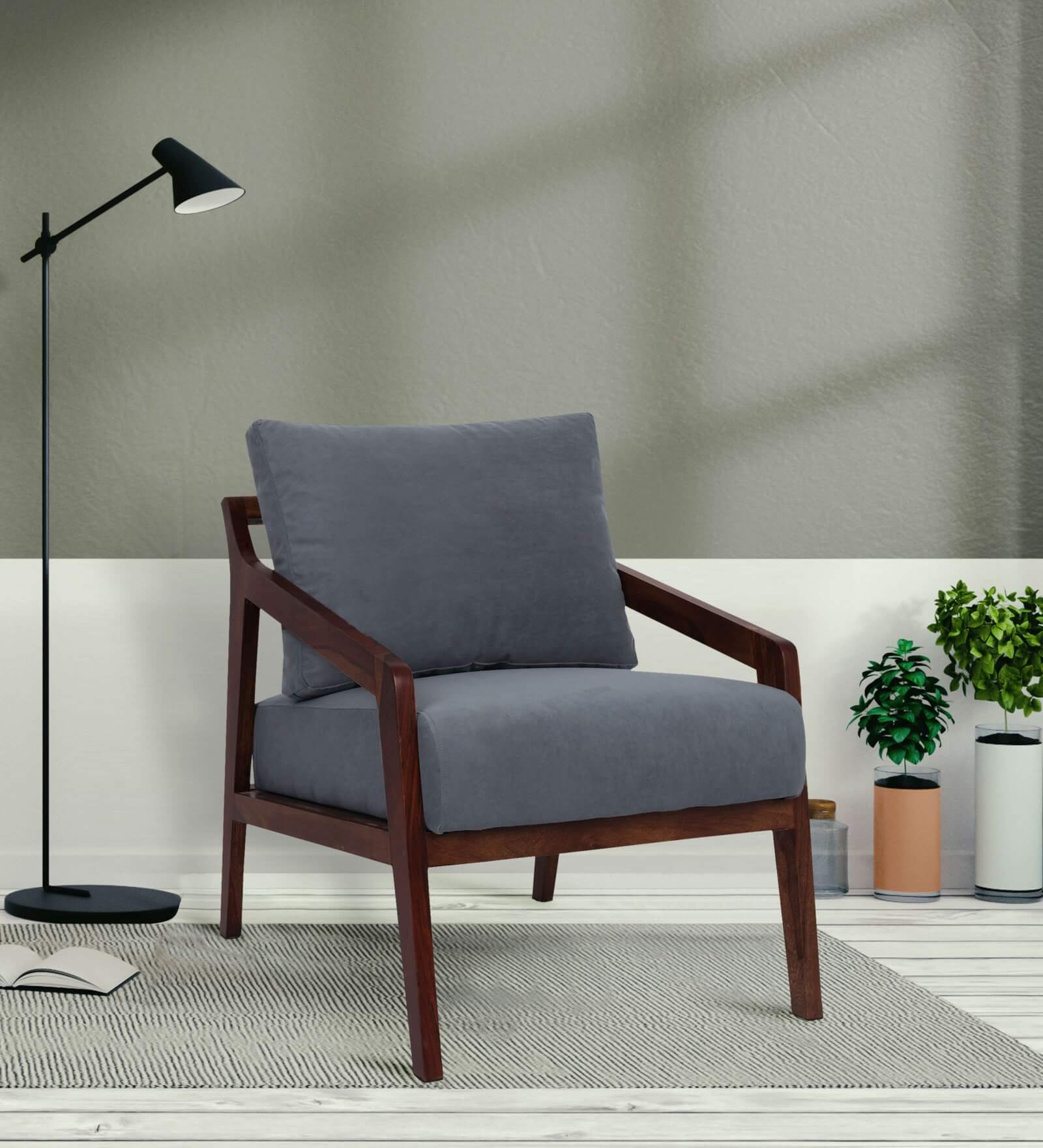 Miles Solid Wood Arm Chair in Grey Colour