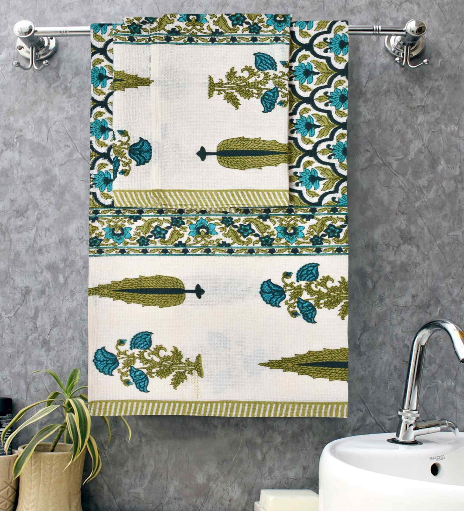 Milky White Madhuban Floral Waffle Cotton 250 GSM Bath & Hand Towel Set