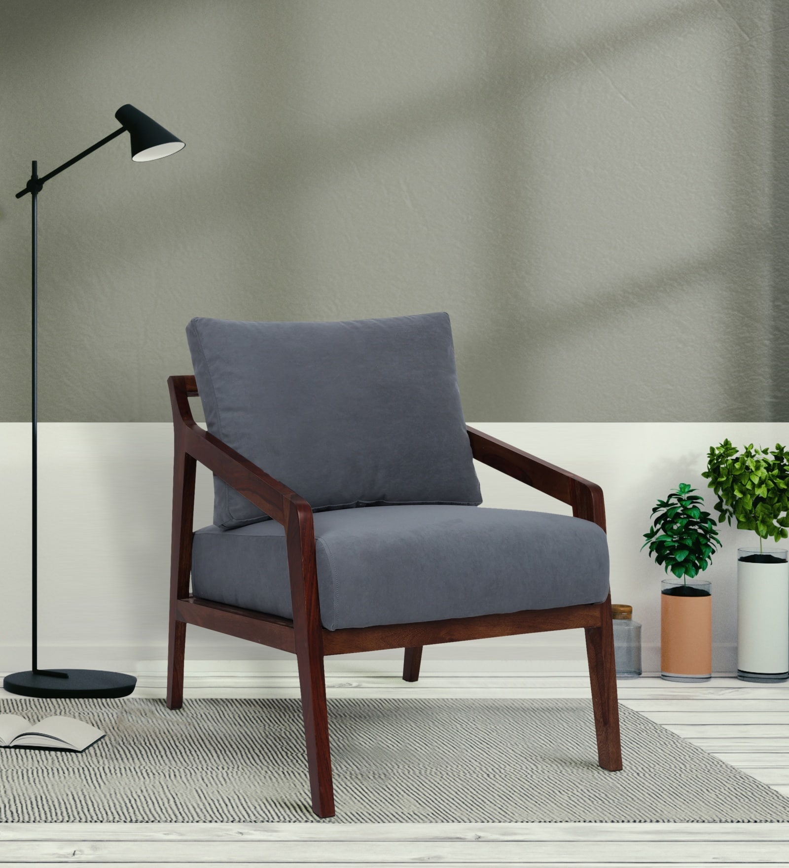 Milo Sheesham Wood Arm Chair In Grey Color Milo Sheesham Wood Arm Chair In Grey Color