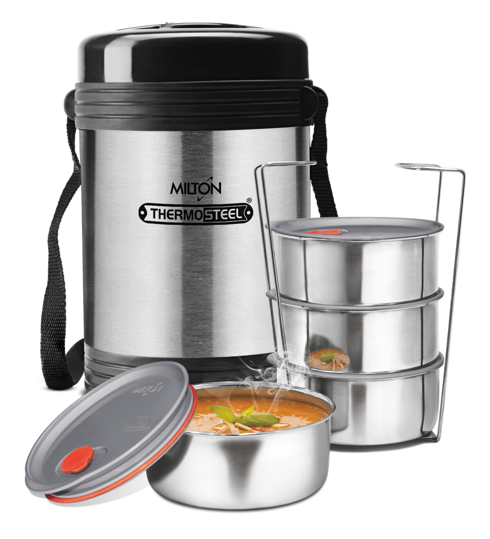 Milton Legend Deluxe 4 Lunch Pack with 4 Containers with Strap, 200 ml each, Silver