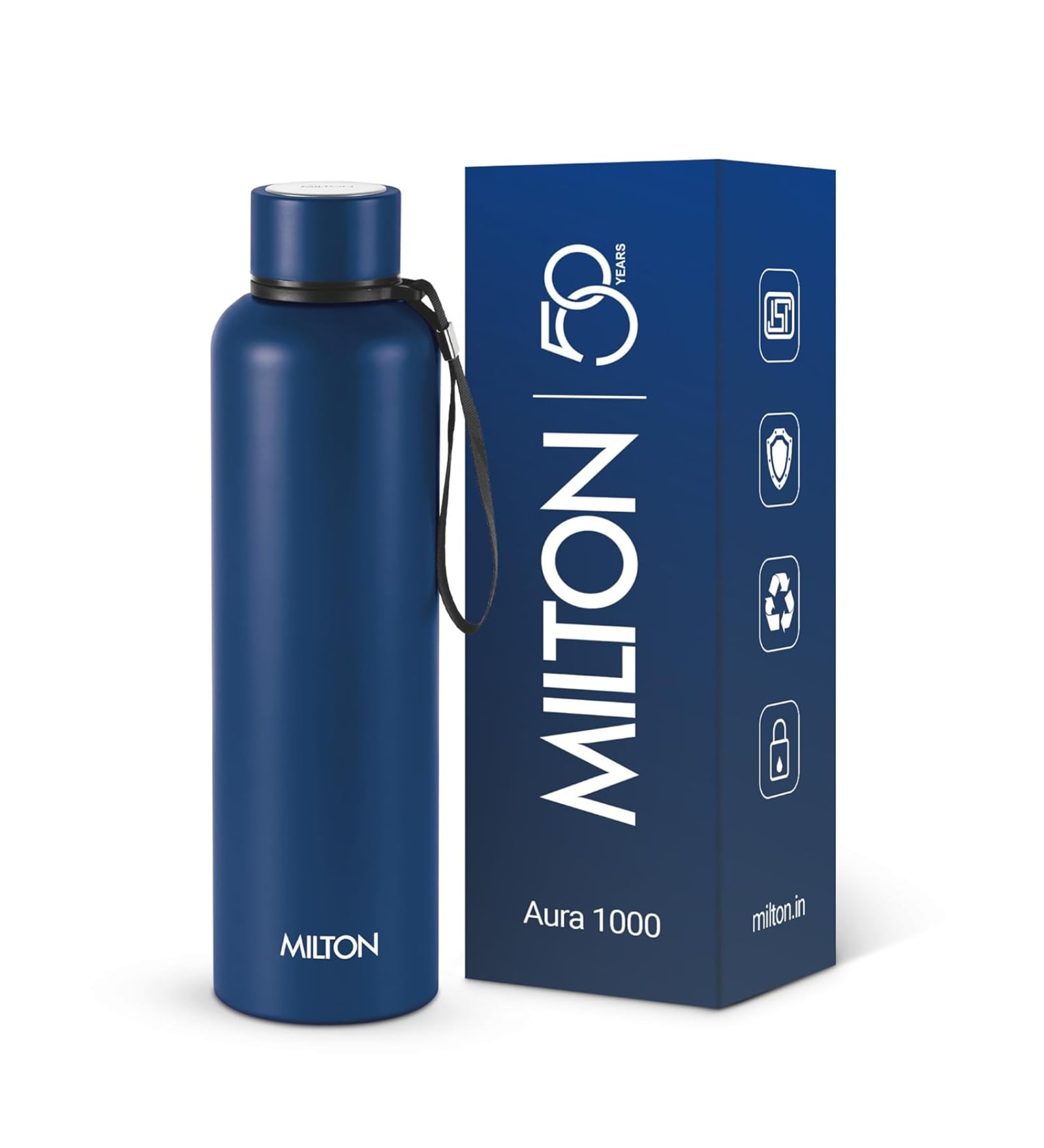 Milton Aura 1000 Thermosteel Vacuum Insulated Water Bottle 1000 Ml 24 Hours Hot & Cold Leak Proof Dark Blue