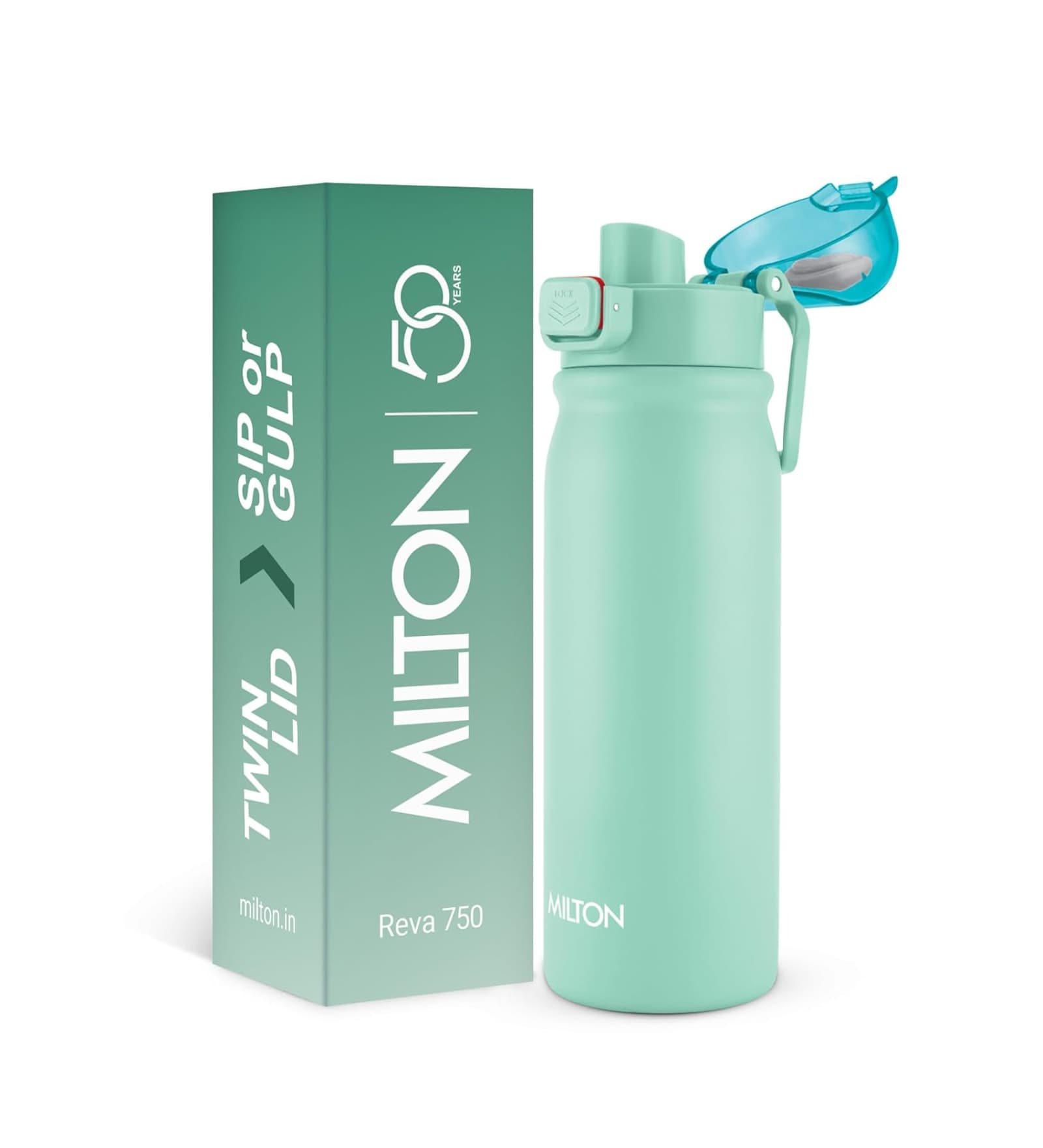 Milton Reva 750 Stainless Steel Water Bottle With Twin Lid 750 Ml Single Wall Leak Proof Bpa Free Aqua Green