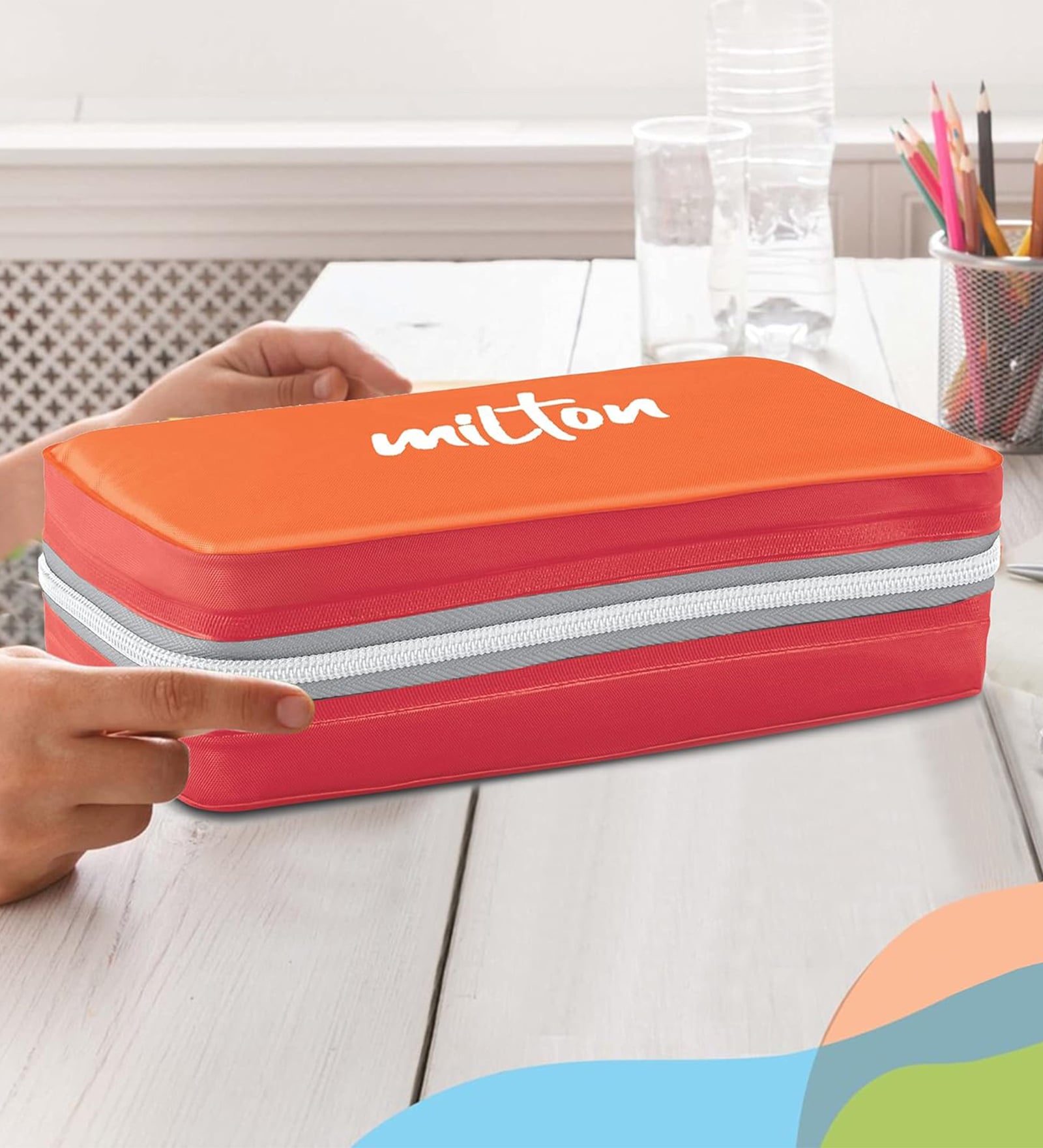 Milton New Mini Lunch Box With Insulated Bag 2 Stainless Steel Containers (280 Ml Each) Spoon & Fork Leak Proof Orange
