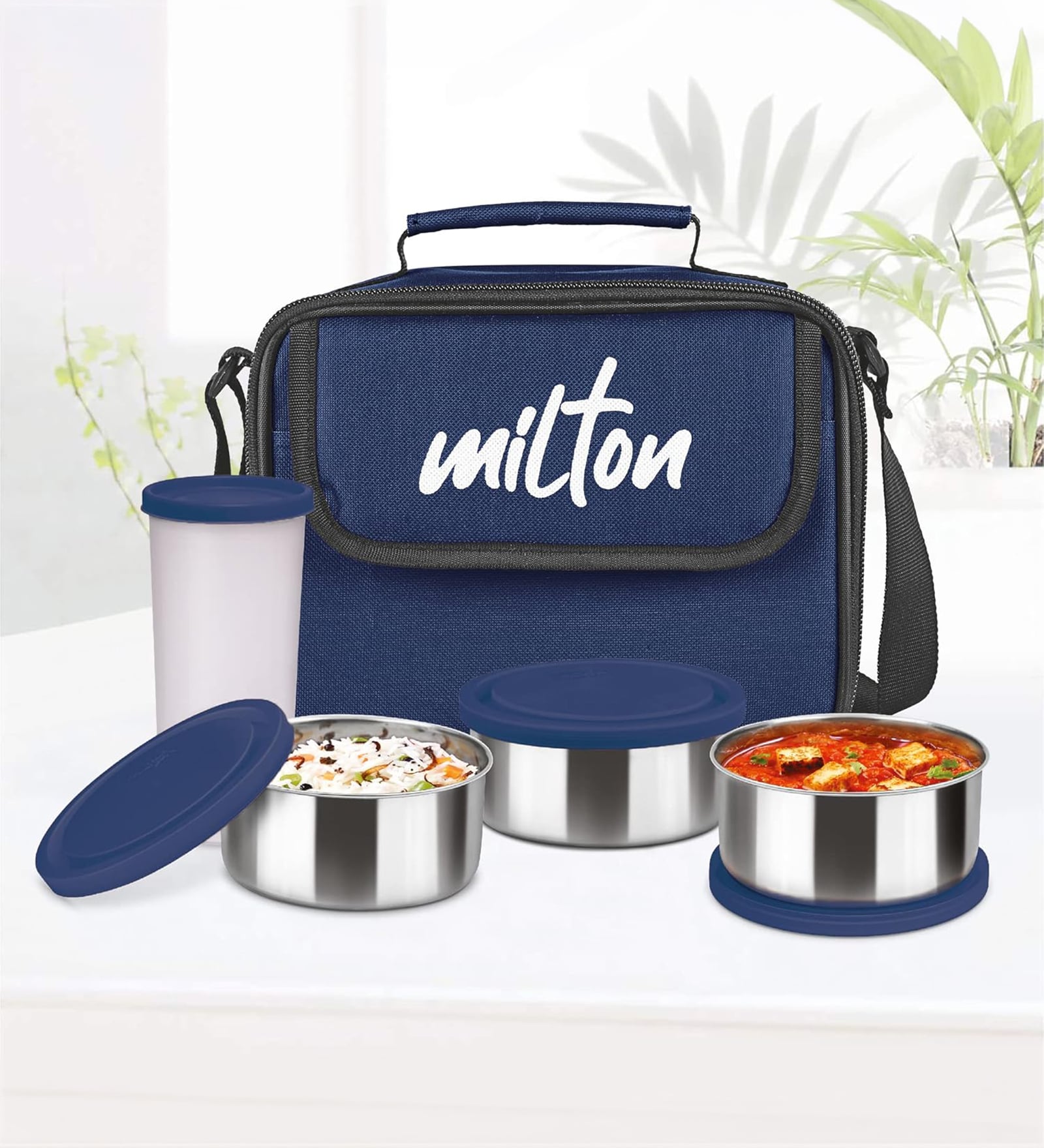 Milton New Steel Combi Lunch Box Set 3 Stainless Steel Containers & 1 Plastic Tumbler With Insulated Bag Blue