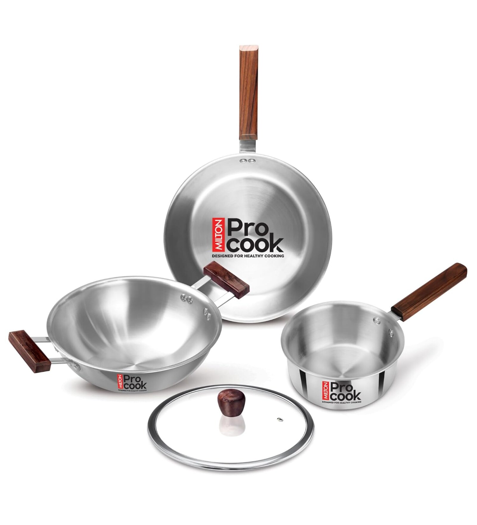 Milton Pro Cook Triply Stainless Steel Cookware Set 4 Pieces 16 Cm Tea Pan 22 Cm Fry Pan & 24 Cm Kadhai With Glass Lid