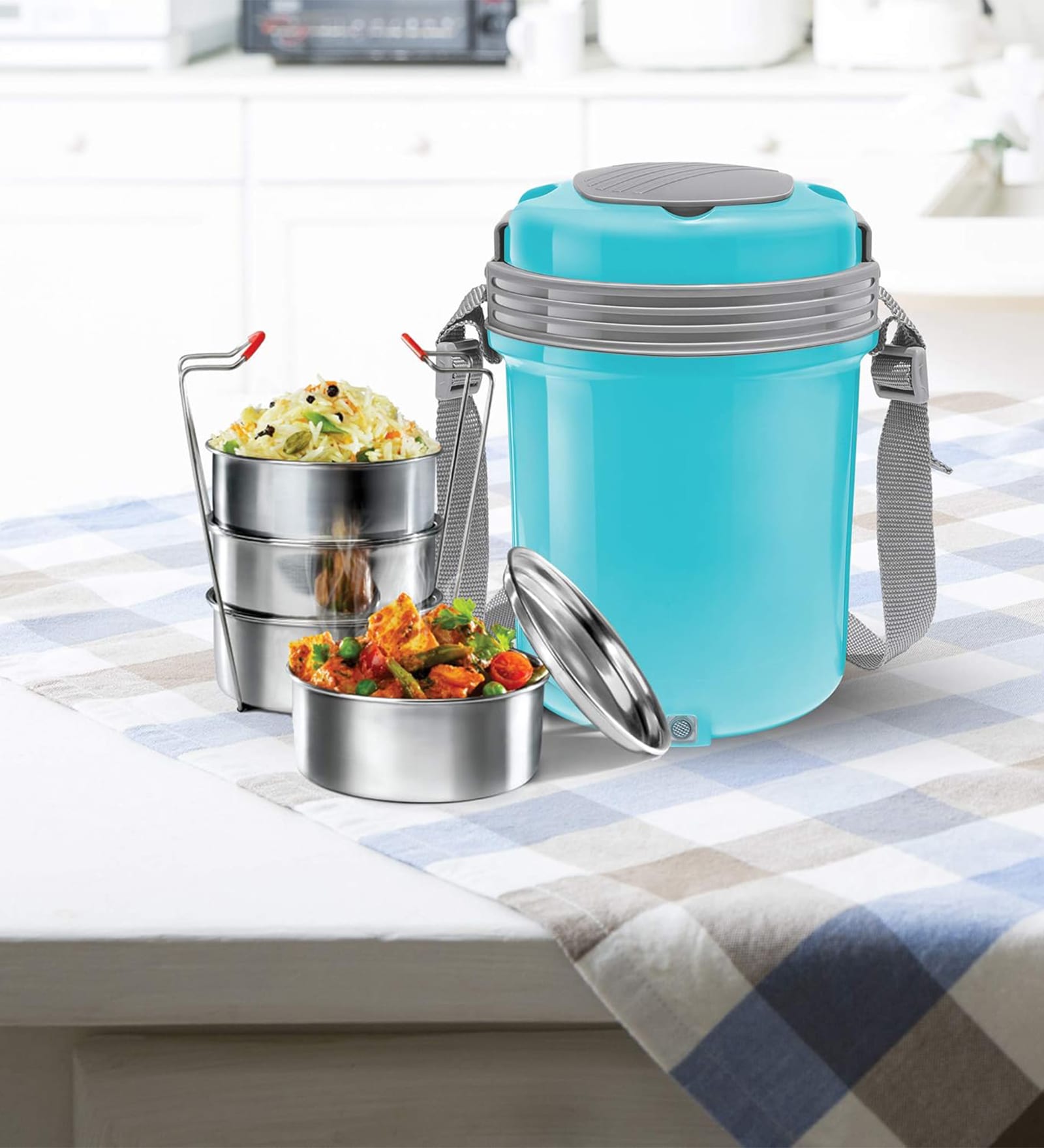 Milton Electron Portable Electric Lunch Box 3 Tier Stainless Steel Containers (400 Ml X 3) Auto Shut-Off Blue