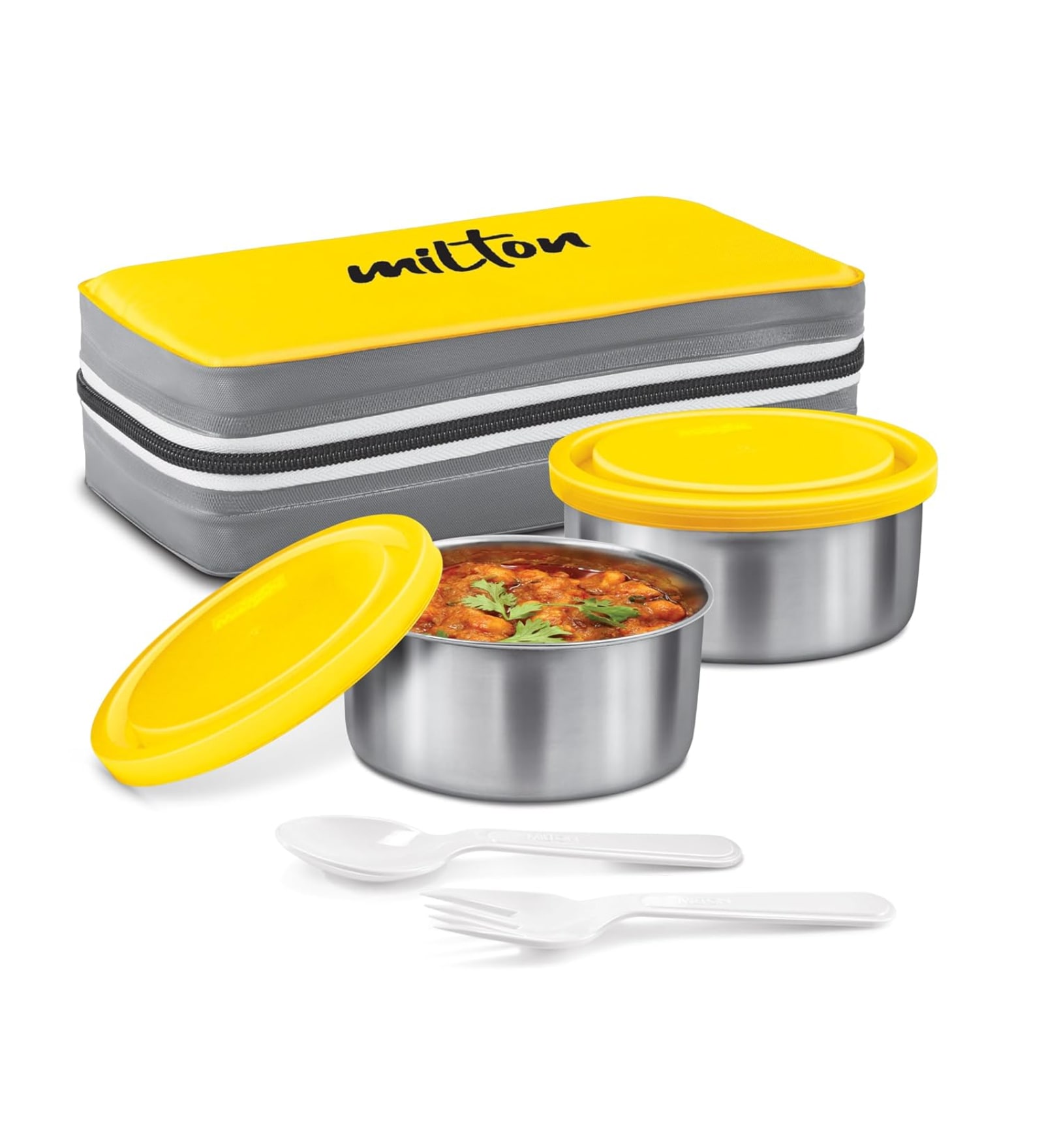 Milton New Mini Lunch Box With Insulated Bag 2 Stainless Steel Containers (280 Ml Each) Spoon & Fork Leak Proof Yellow