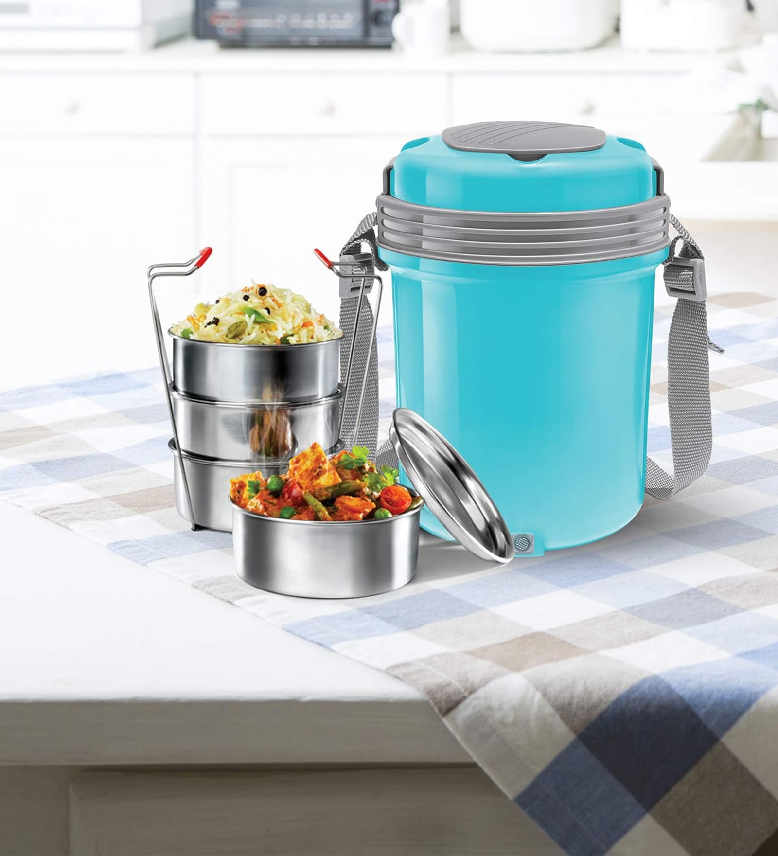 Milton Electron Portable Electric Lunch Box 4 Stainless Steel Containers (360 Ml Each) Auto Shut-Off 1.44 L Blue