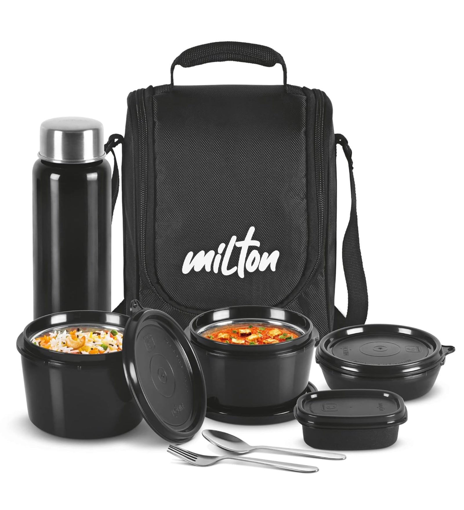 Milton Pro Lunch Box With Insulated Fabric Bag 3 Microwave Safe Stainless Steel Containers (180 Ml 320 Ml 450 Ml) 100 Ml Chutney Container 750 Ml Steel Bottle & Steel Cutlery Black
