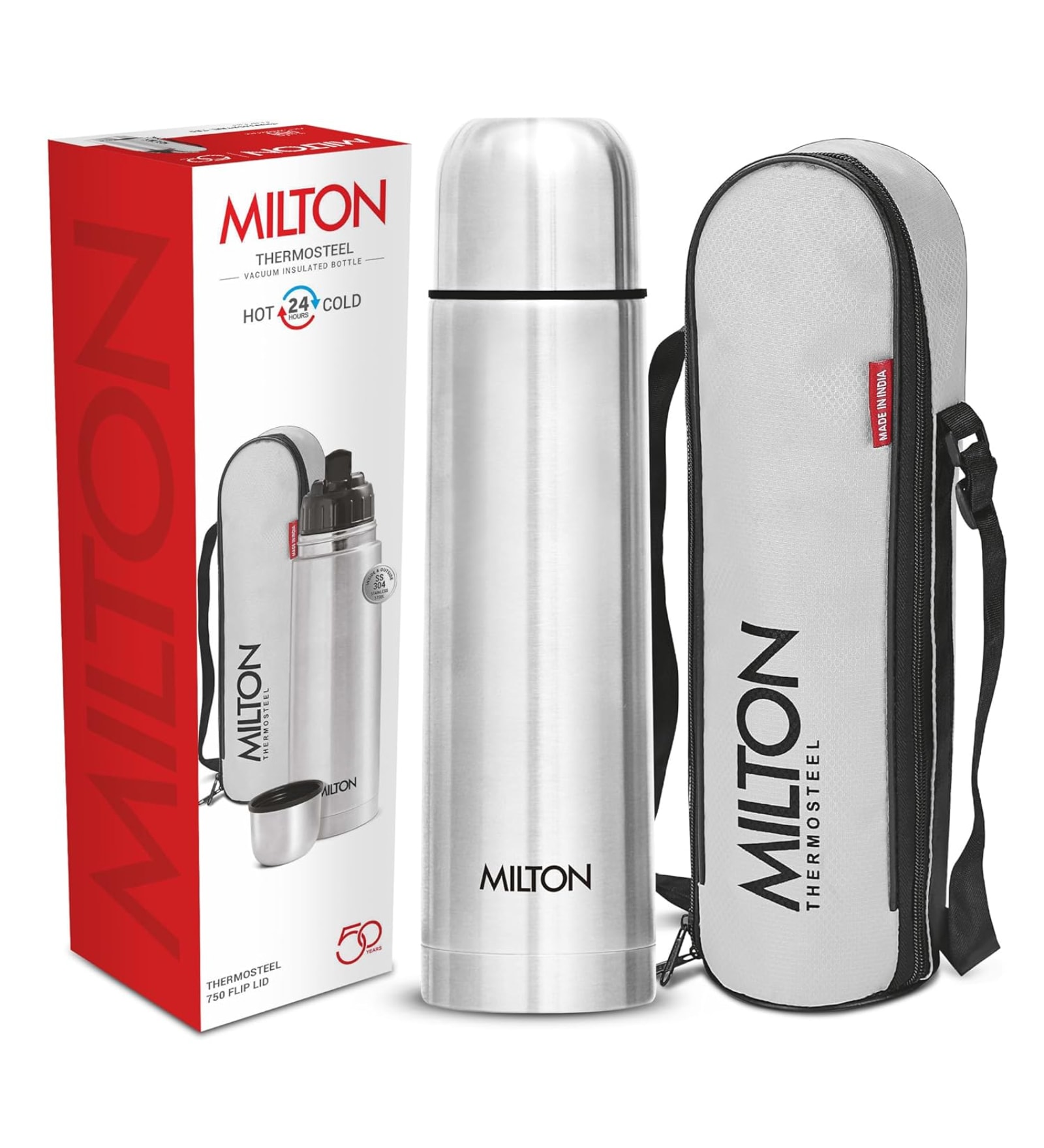 Milton Flip Lid 750 Thermosteel Vacuum Insulated Water Bottle 750 Ml 24 Hours Hot & Cold Leak Proof Silver