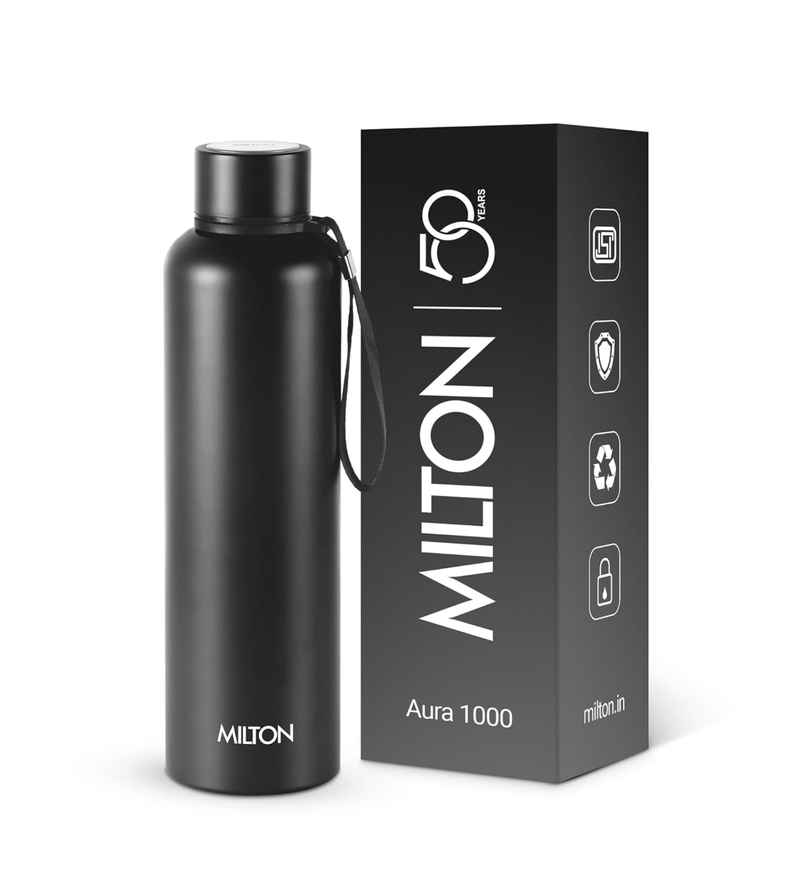 Milton Aura 1000 Thermosteel Vacuum Insulated Water Bottle 1000 Ml 24 Hours Hot & Cold Leak Proof Black