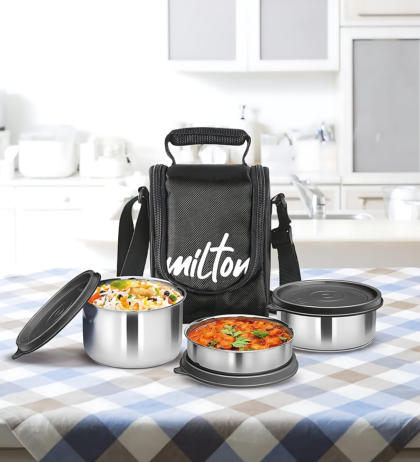 Milton Tasty 3 Lunch Box With Insulated Fabric Bag 3 Stainless Steel Containers (210 Ml 340 Ml 500 Ml) Leak Proof Black