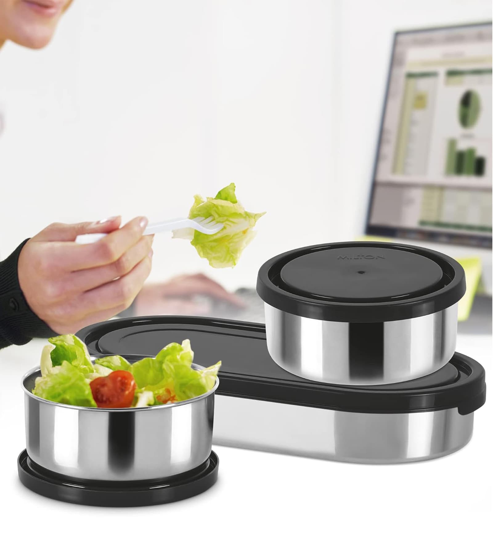 Milton Master Lunch Box With Insulated Fabric Bag 3 Stainless Steel Containers (450 Ml + 280 Ml X2) Spoon & Fork Black