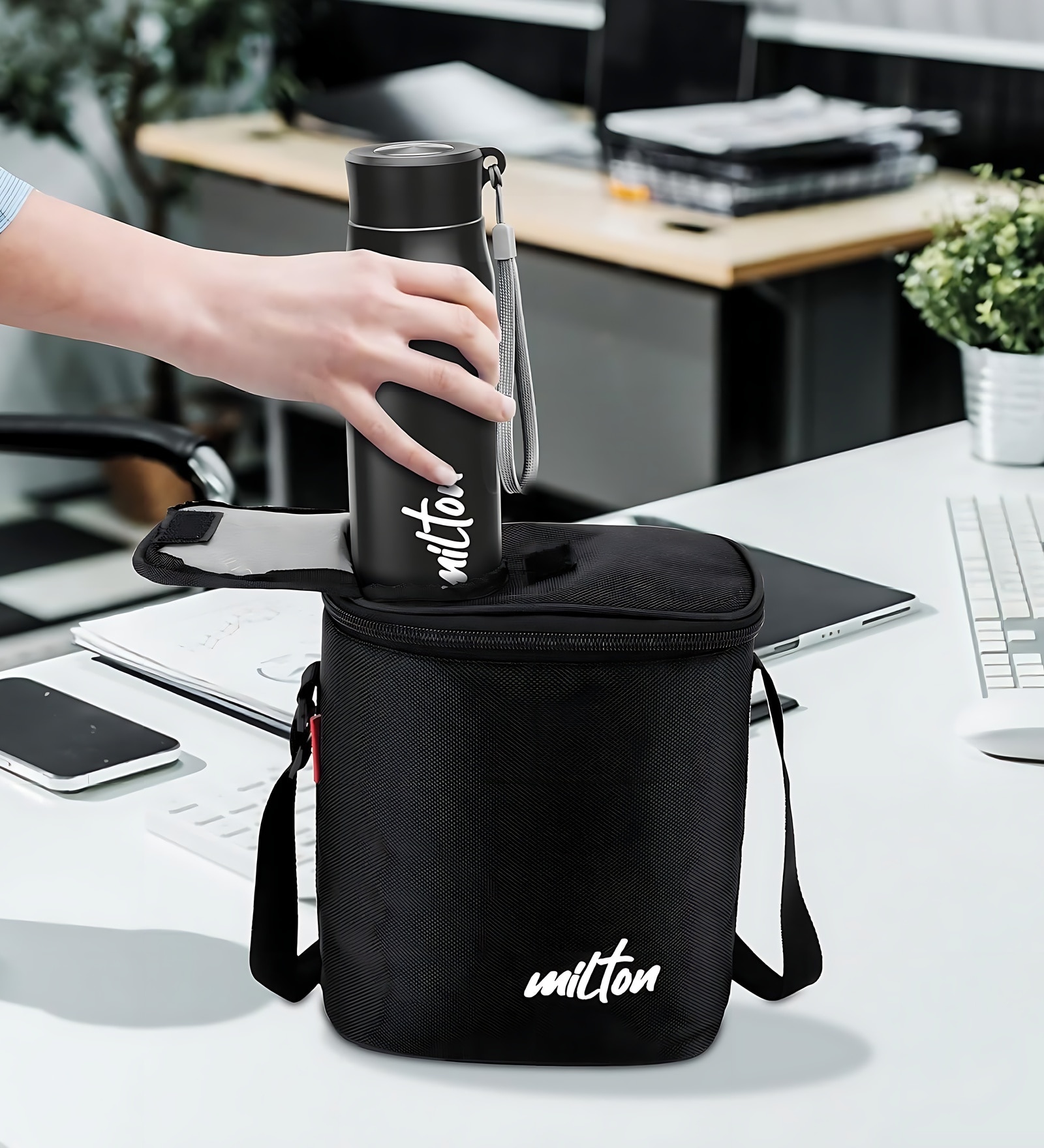 Milton Max Meal Lunch Box With Insulated Bag 2 Microwave Safe Stainless Steel Containers (320 Ml & 450 Ml) 280 Ml Plastic Container 690 Ml Handy Bottle & 100 Ml Chutney Box Black
