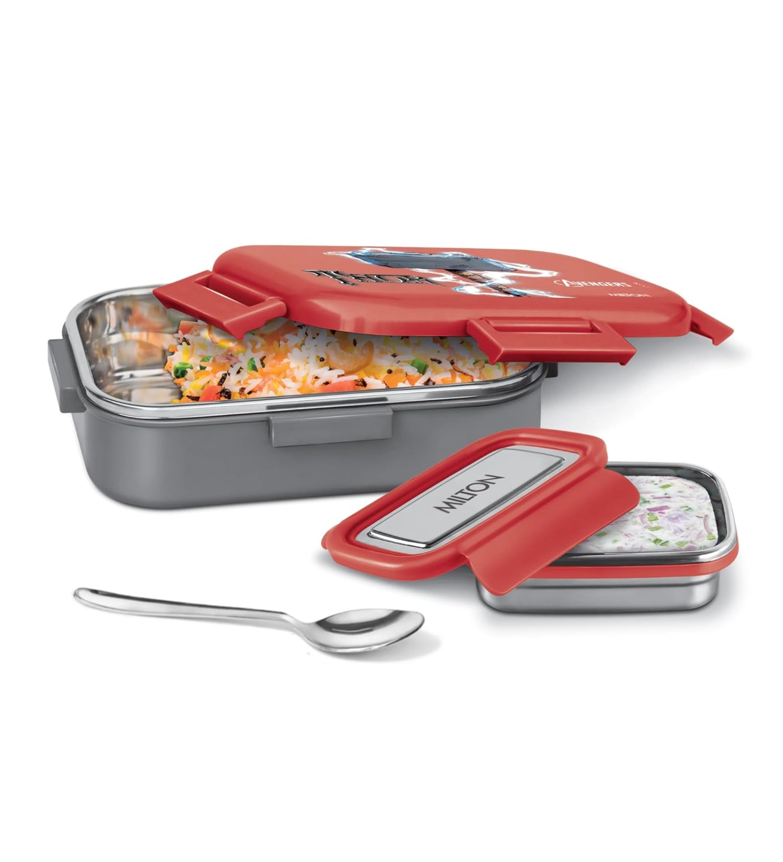 Milton Hugo Kids Lunch Box 700 Ml Inner Stainless Steel Pu Insulated Snap Lock Lid Red