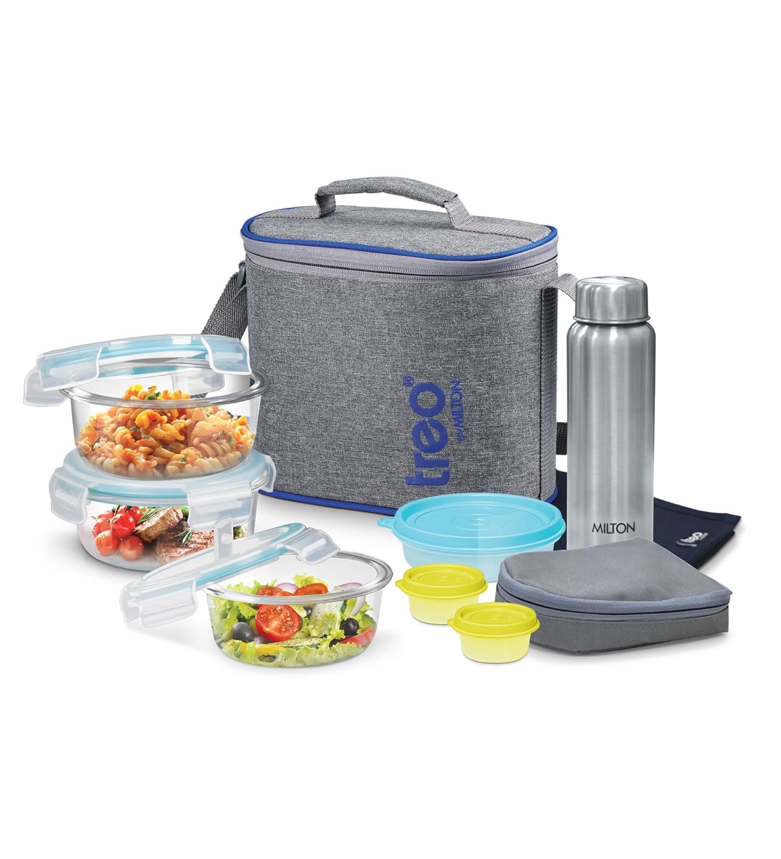 Milton All Fresh Premier Borosilicate Glass Lunch Box Set 3 X 400 Ml Containers 750 Ml Steel Bottle 2 X 30 Ml Chutney Containers 200 Ml Salad Container & Dining Mat Transparent