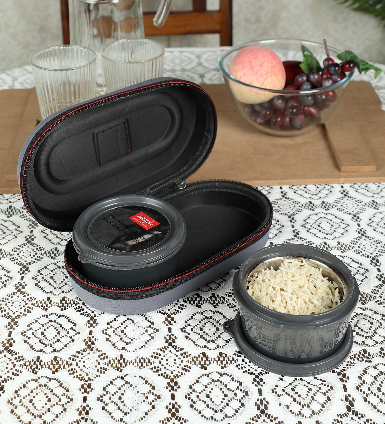 Milton Nutri Lunch Box Elegant Tiffin with Microwavable Steel Container, Grey, 700 ML, Set of 2