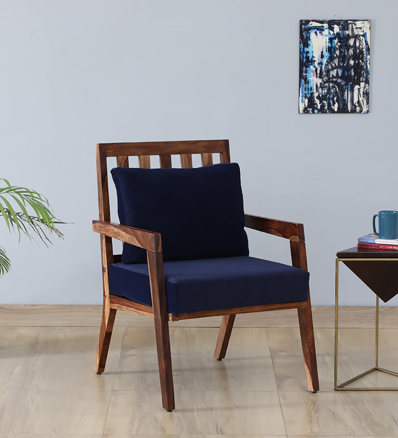 Milton Sheesham Wood Armchair In Rustic Teak Finish with Navy Blue Upholstery